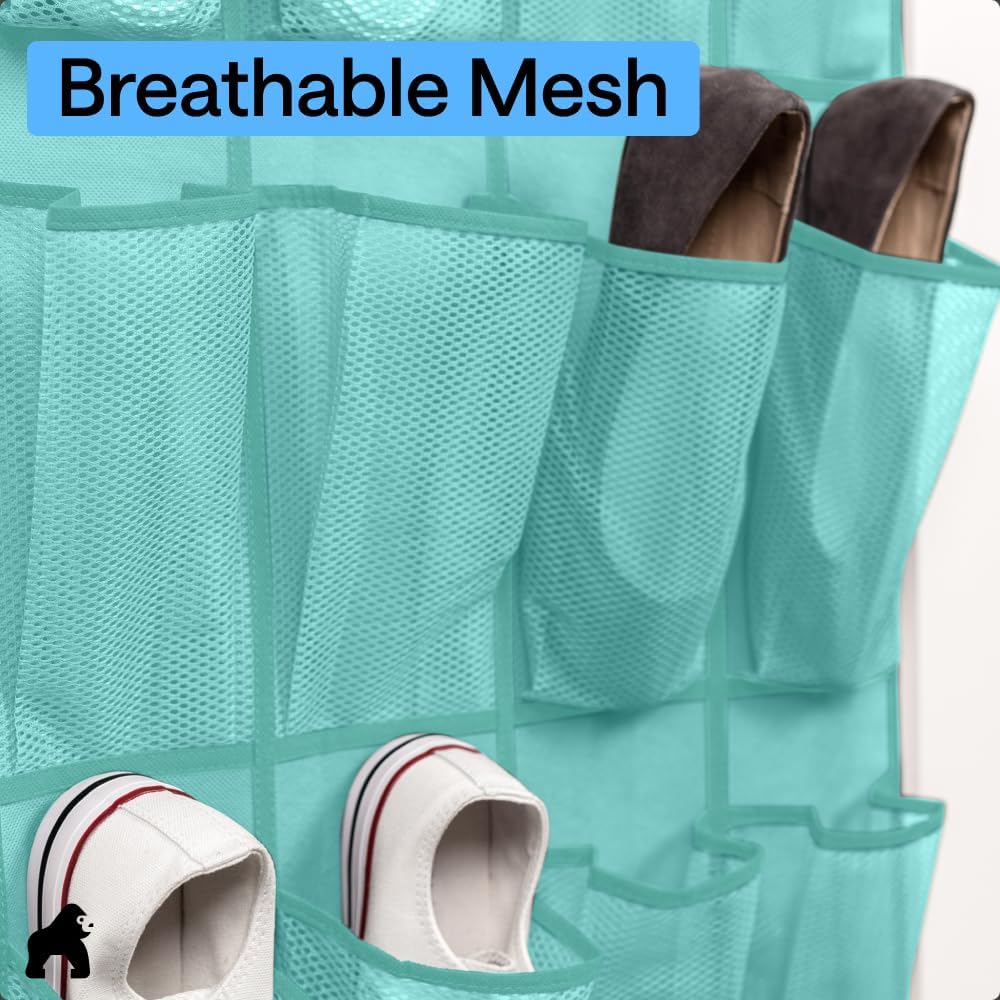 GORILLA GRIP Over the Door Shoe Organizer, 24 Large Pockets, Turquoise