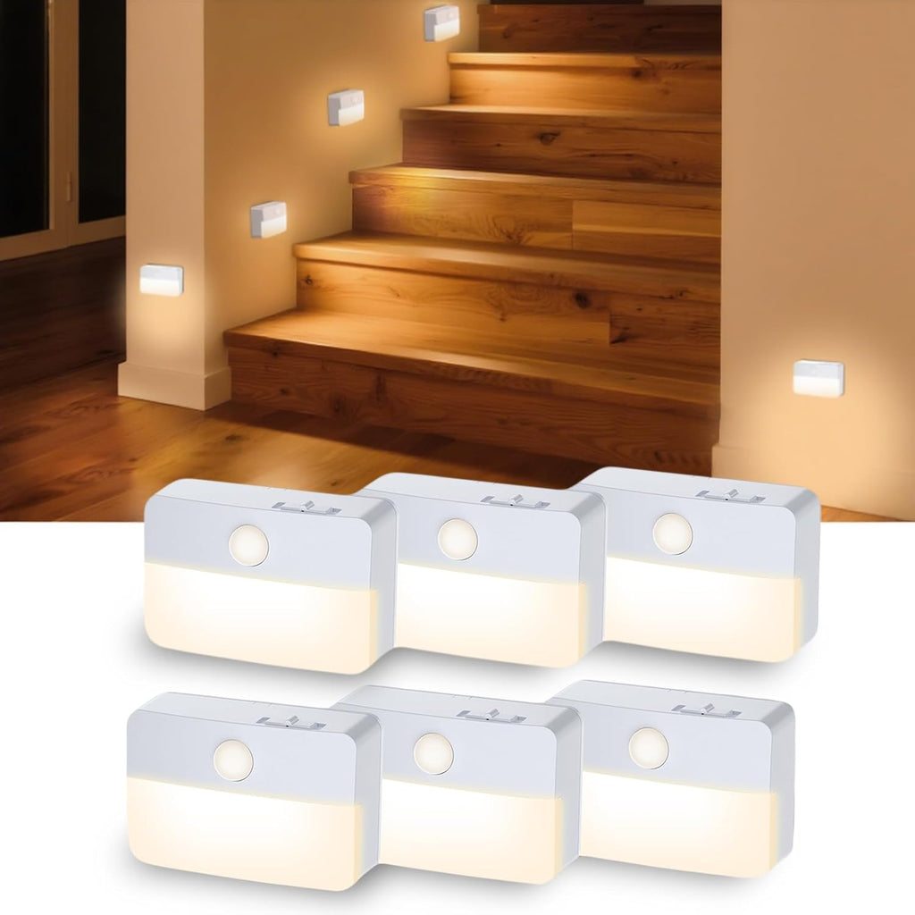 Motion Sensor Night Lights, 6 Pack Warm White Stick-On Stair Lights