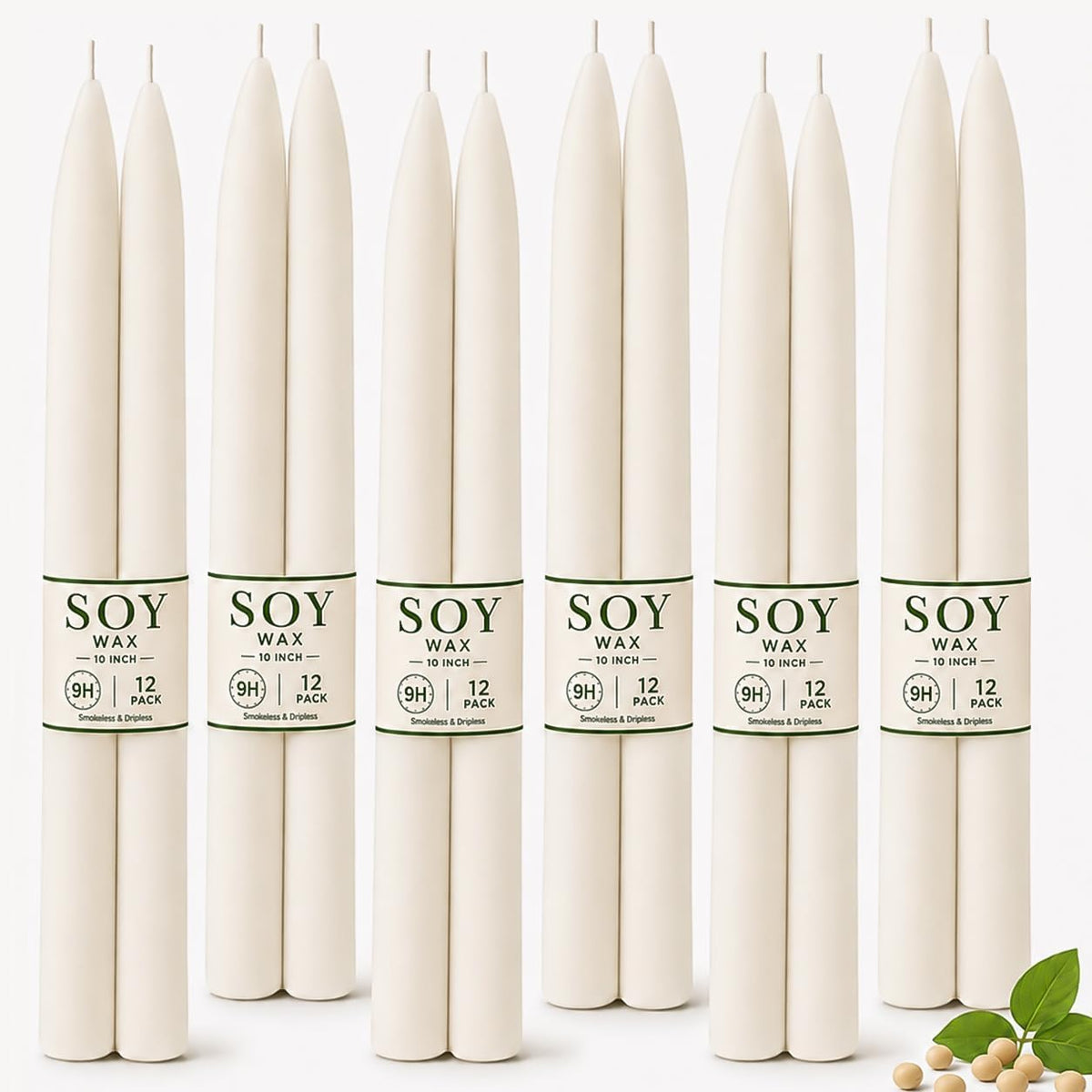 Soy Wax Taper Candles, 10 Inch White Unscented Candle Sticks, 12 Pack