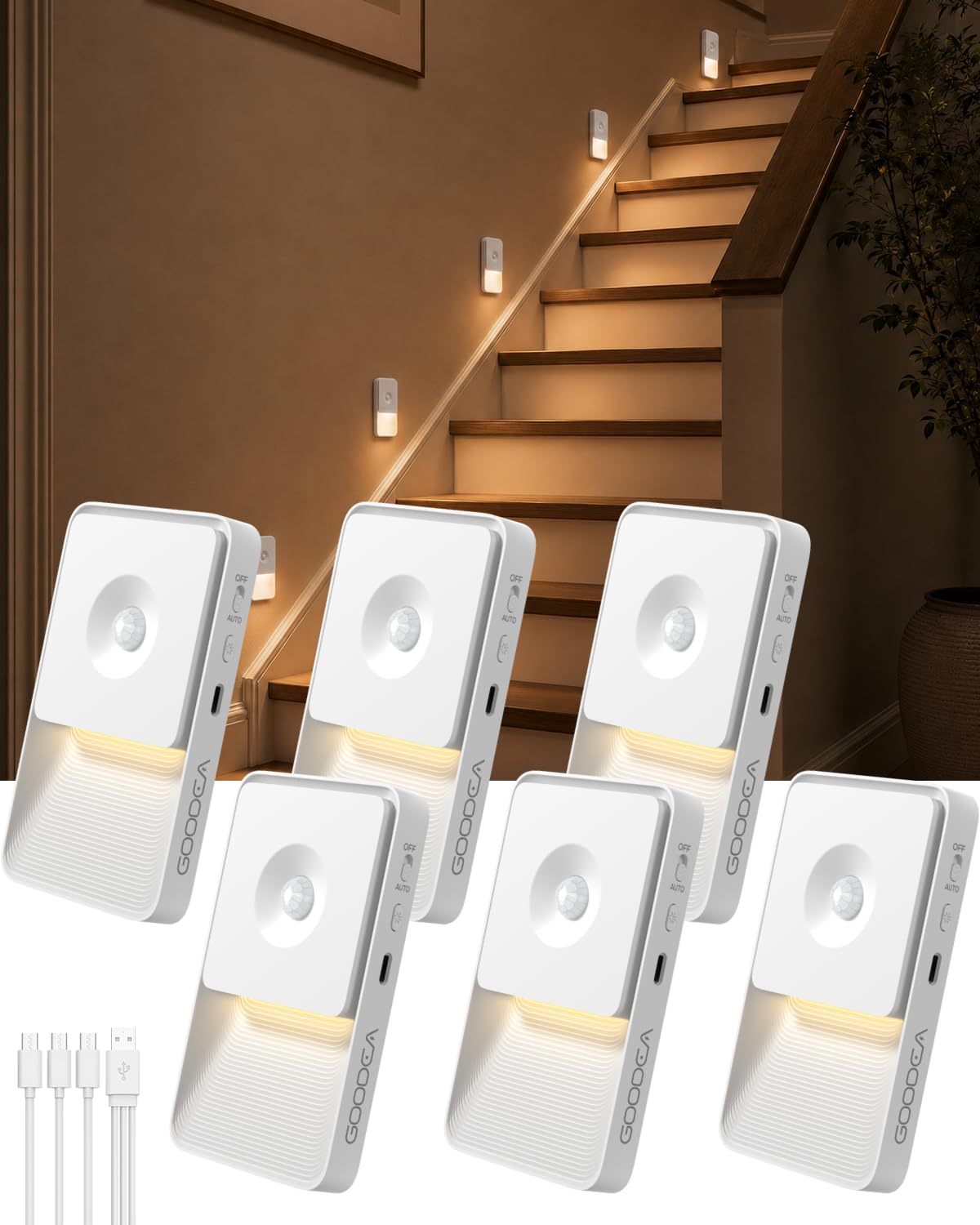 GOODEA 6 Pack Motion Sensor Night Lights, Rechargeable Stair Lights Indoor