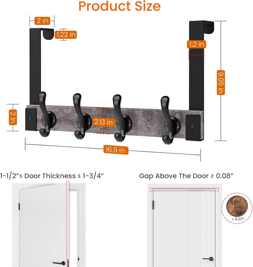 Homode Over The Door Hooks Heavy Duty, Wood Over The Door Towel Rack for Bathroom Door, Rustic Over The Door Hanger,Back of Door Hooks Coat Hooks for Hanging Towels Clothes Hats Bags, Grey