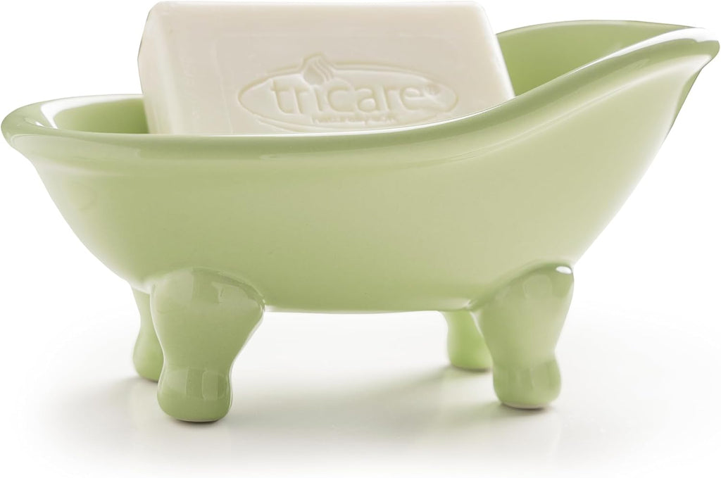 Soap Dish, Ceramic Soap Holder with Drainage for Shower, 1 Pack Bar Soap Tray, Keep Soap Dry & Easy Clean, Sponge Holder for Bathroom, Bathtub Kitchen Sink (Green Tea)
