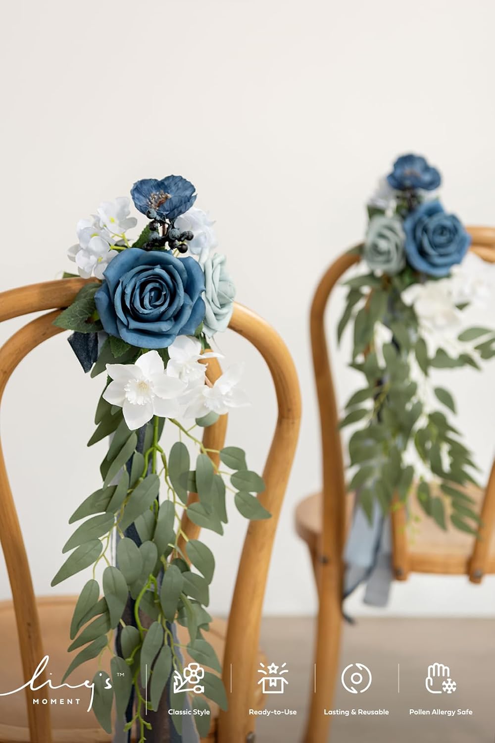 Ling's moment 8pcs Wedding Artificial Aisle Pew Flowers, Dusty Blue & Navy