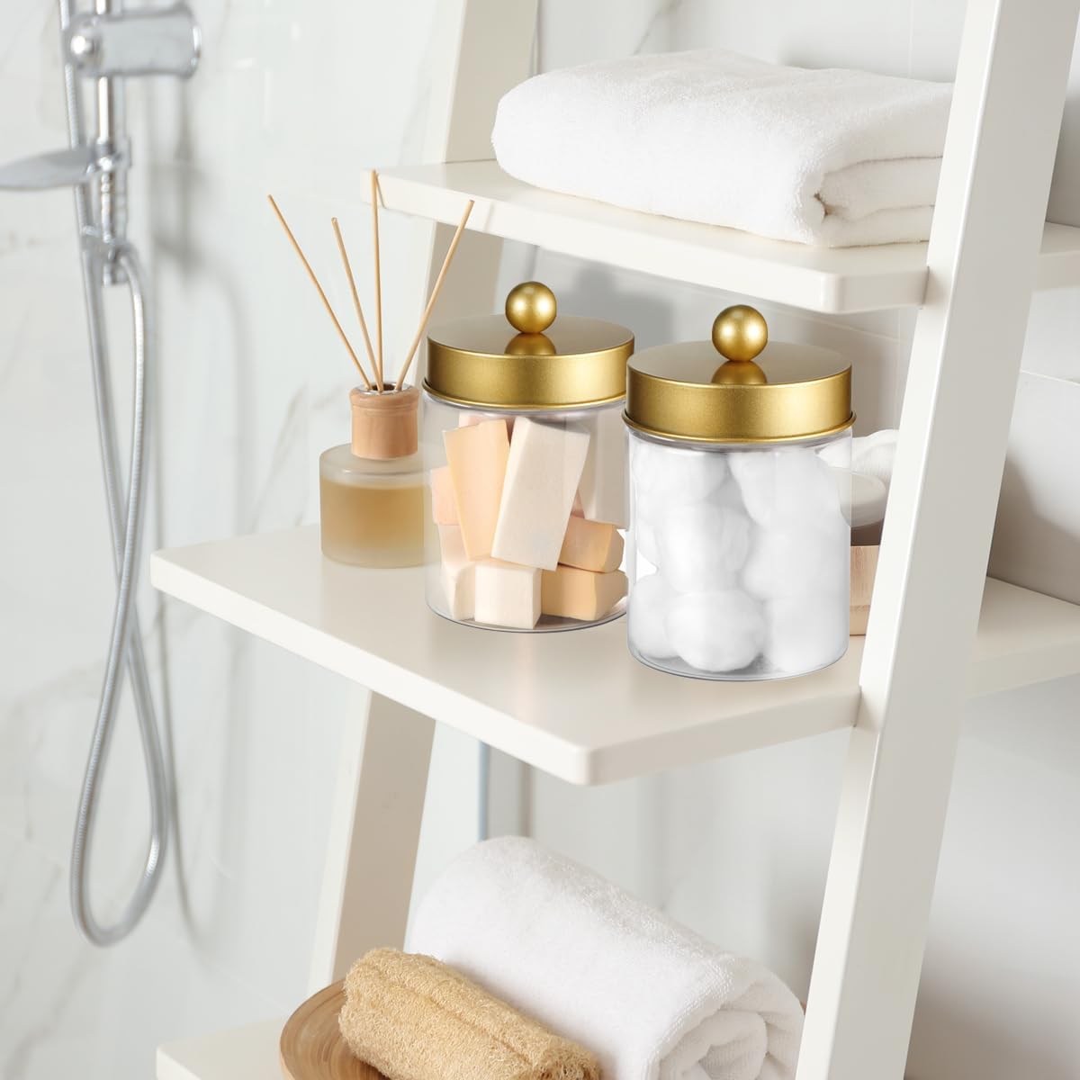 3PC Farmhouse Decor Qtip Holder Apothecary Jars (Gold, Plastic)