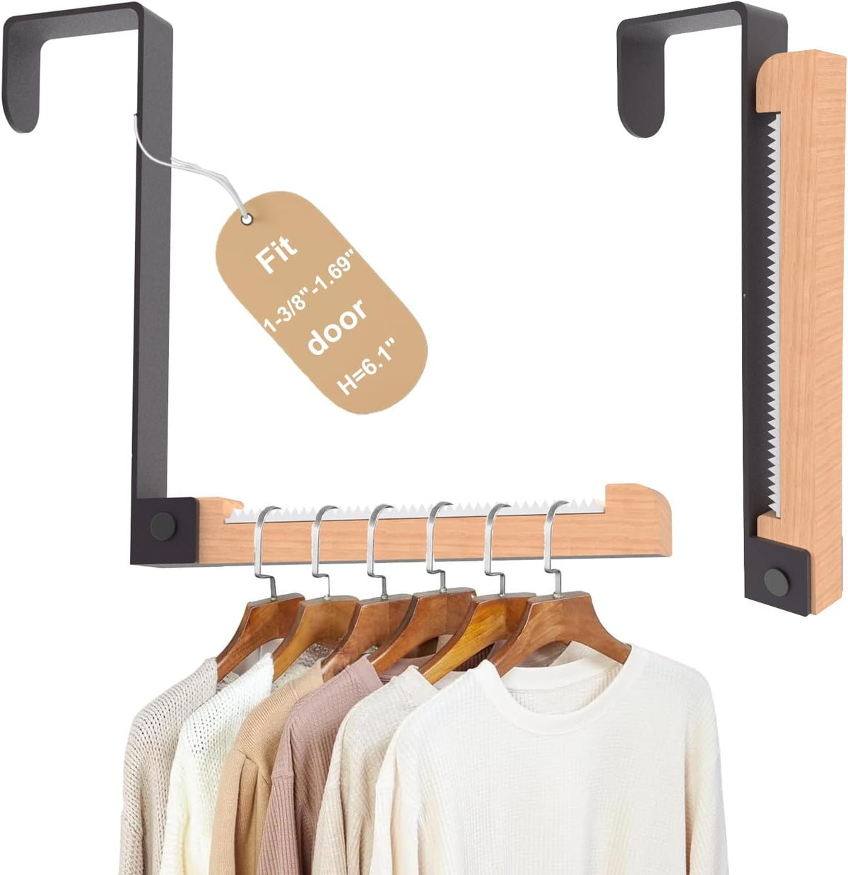 2 Pack Over The Door Hooks(L=6.1"), Over Door Hanger, Heavy Duty No Drill Hanger for Towels, Coats, Hats, Bags in Bathroom, Bedroom, Kitchen, Living Room-Black