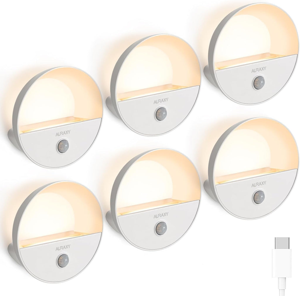 AURAXY Rechargeable Battery Night Light, Motion Sensor Night Light, LED Warm White Magnetic Stick-on Motion Sensored Hallway Light, with Dusk to Dawn Sensor for Stairs, Wall, Closet, Cabinet (6 Pack)