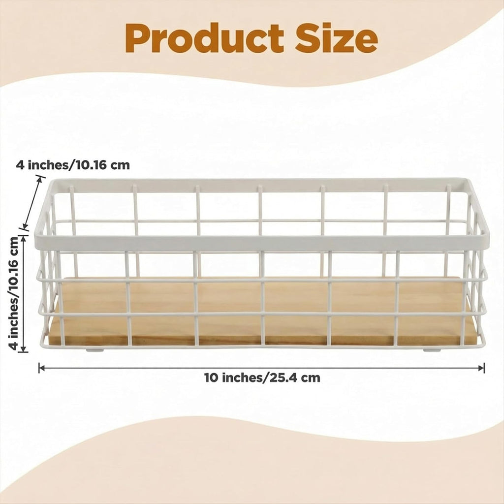 Set of 2 Small Wire Baskets, Narrow White Metal Storage Bins for Bathroom Counter & Kitchen, Farmhouse Rustic Organizer Trays for Pantry, Office, RV, Countertop Decoration (White)