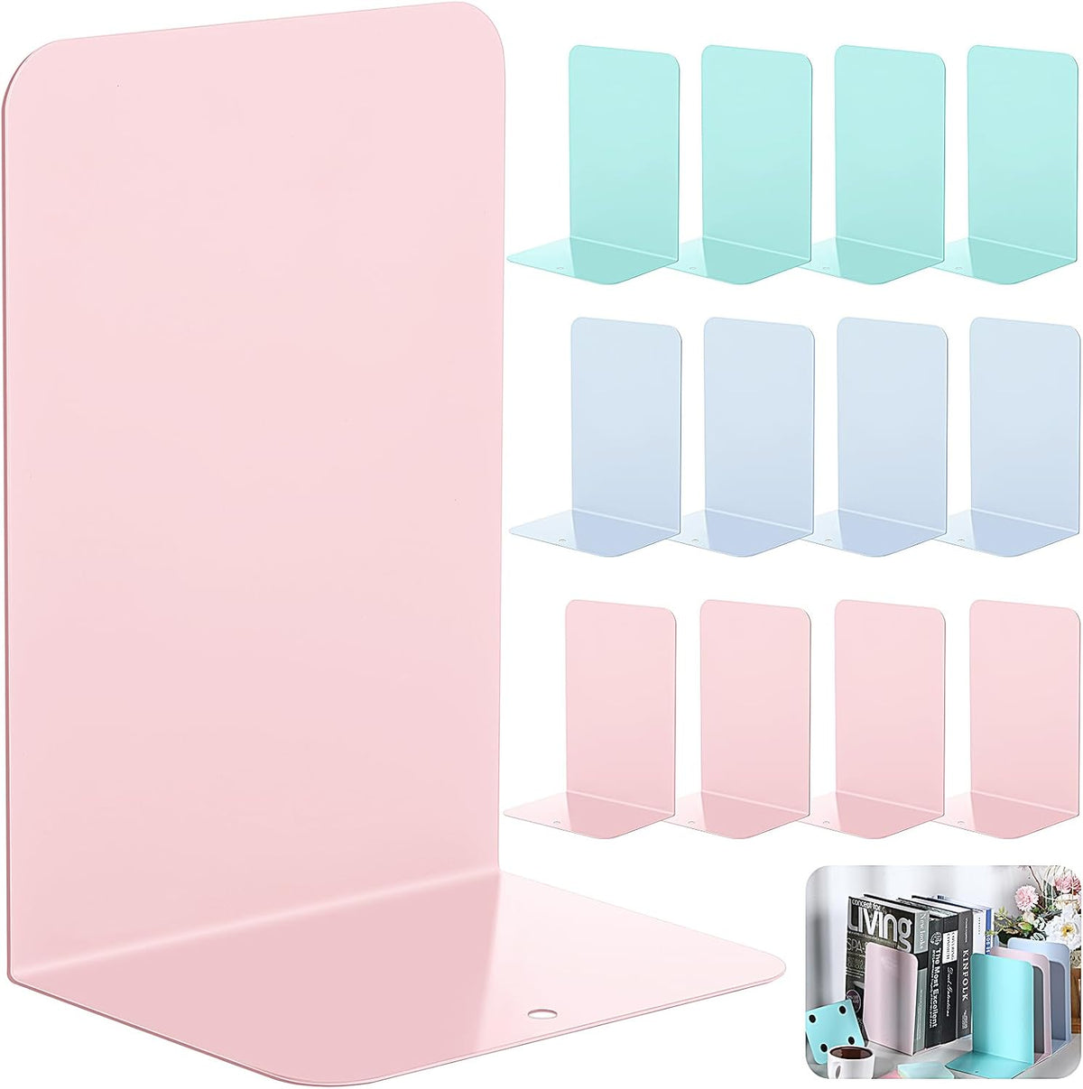 Beeveer 6 Pairs Metal Bookends for Shelves Office Library, Macaron Colors
