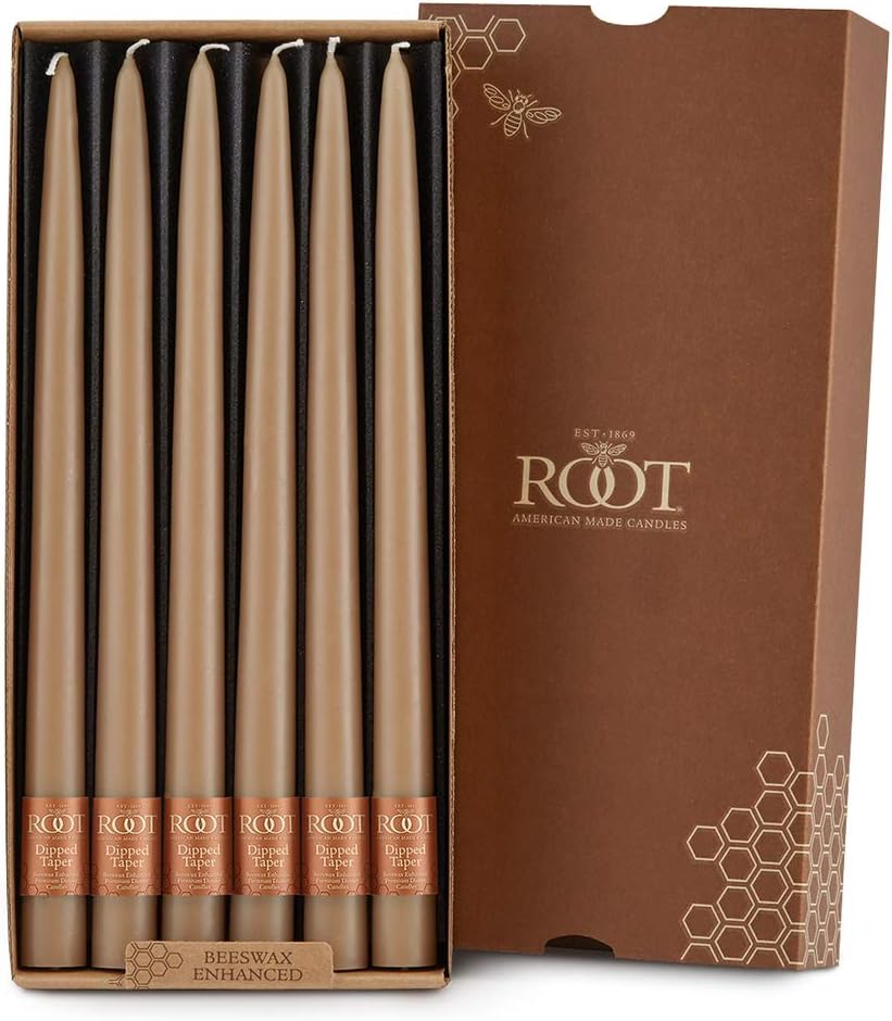Root Candles 12-Count Unscented Taper Candles Smooth Hand-Dipped Dripless Beeswax Enhanced Boxed Candle Set, 12-Inch, Taupe