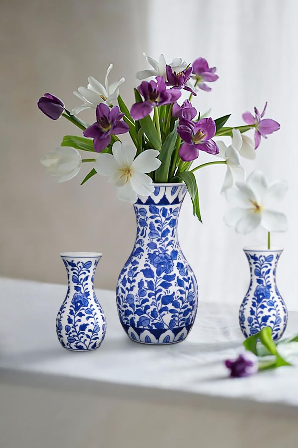 Set of 2 Small Blue and White Ceramic Vase, 6" Bud Chinoiserie Flower Vase