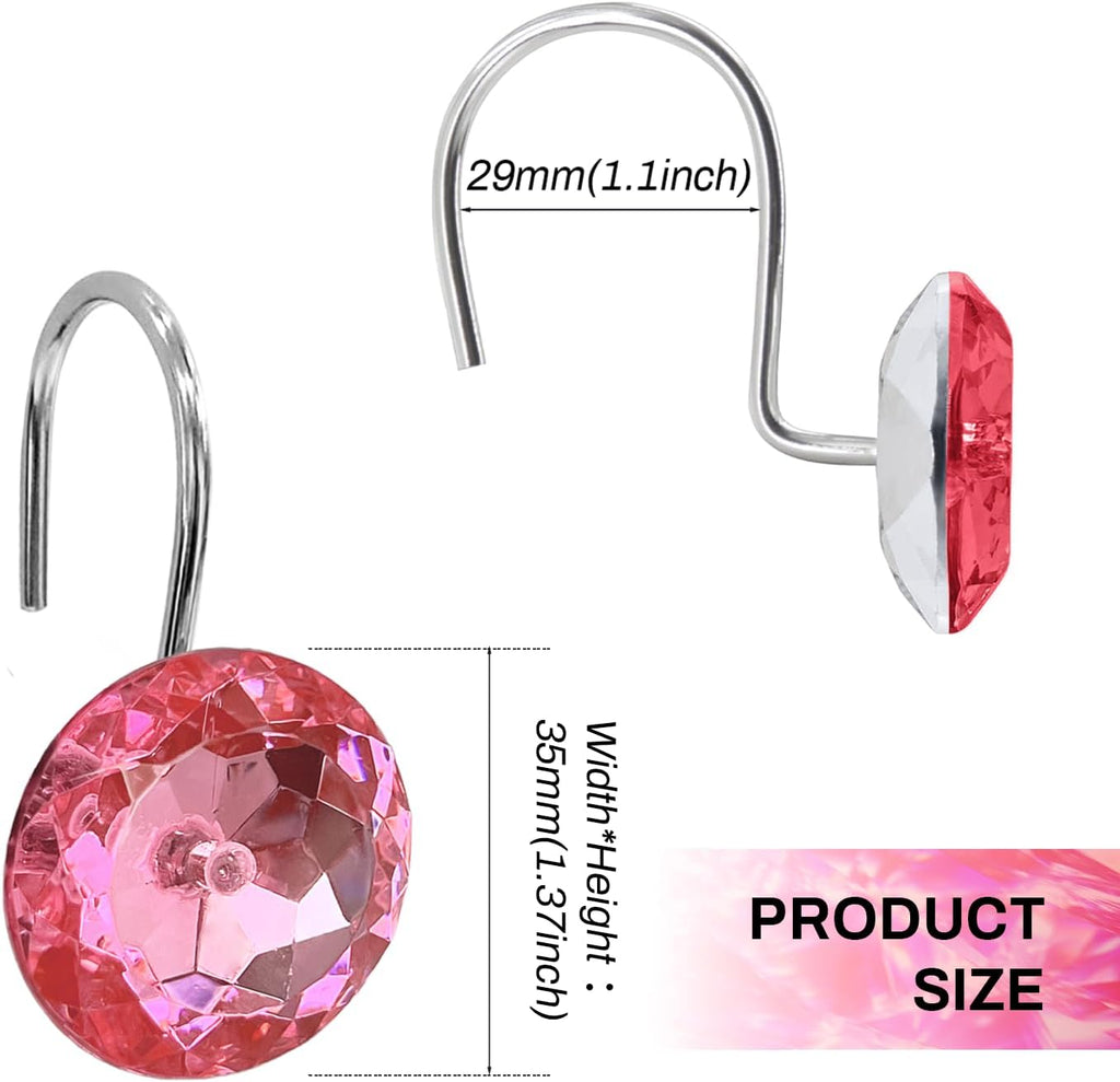 Pink Diamond Crystal Bling Shower Curtain Hooks Rings for Bathroom,12PCS