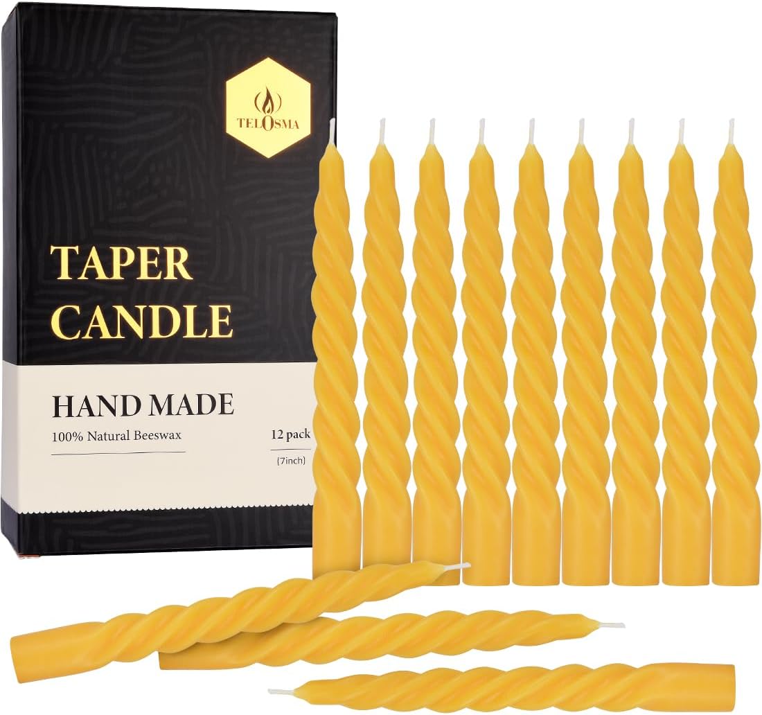 12 Pcs Natural Beeswax Spiral Taper Candles - 7 Inch Tall - Yellow