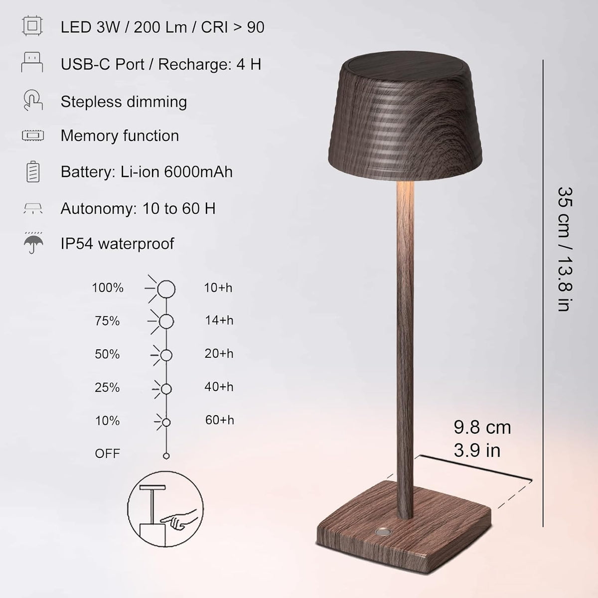 Cordless Rechargeable LED Table Lamp Set of 2, Walnut
