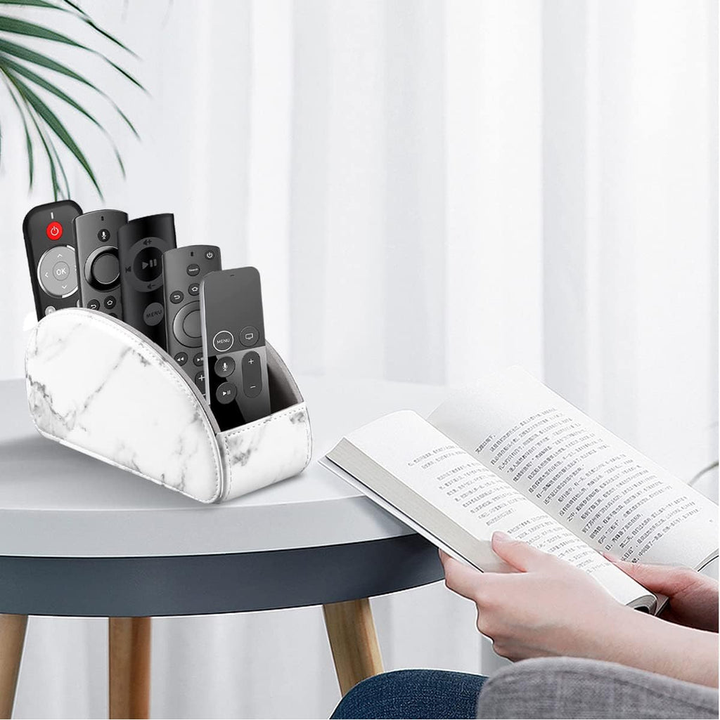 All-in-One Leather White TV Remote Holder for Remote Conrtols with 5 Compartments Nightstand Desktop Media Player Remote Caddy Storage Box Organizer Tray for Mobile Office Stationery Phone Controller