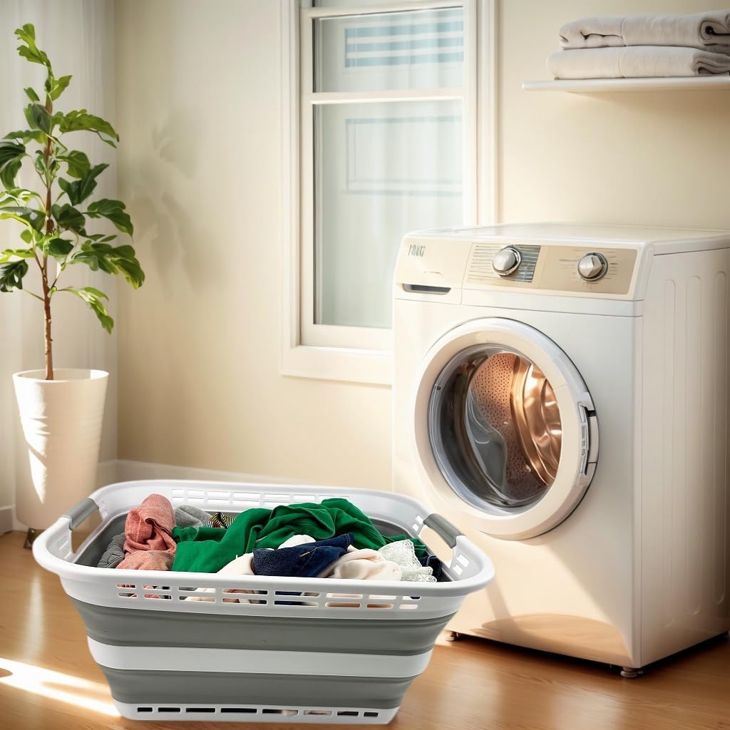 SAMMART 42L (11 Galloons) Collapsible Plastic Laundry Basket - Foldable Pop Up Storage Container/Organizer - Portable Washing Tub - Space Saving Hamper/Basket [BPA Free] (White/Grey (Set of 2))