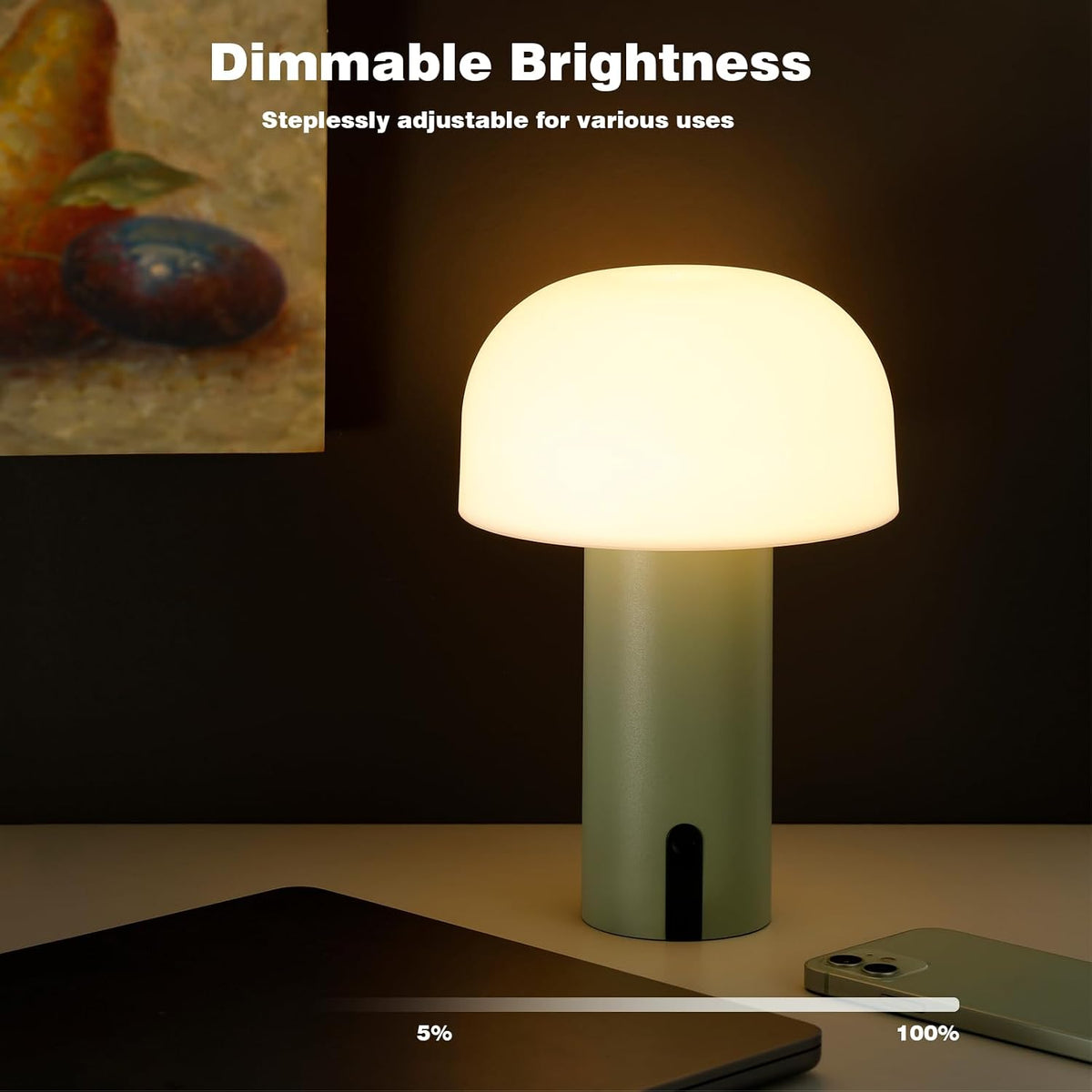 Mushroom Table Lamp, Cordless Rechargeable Touch Light, Waterproof