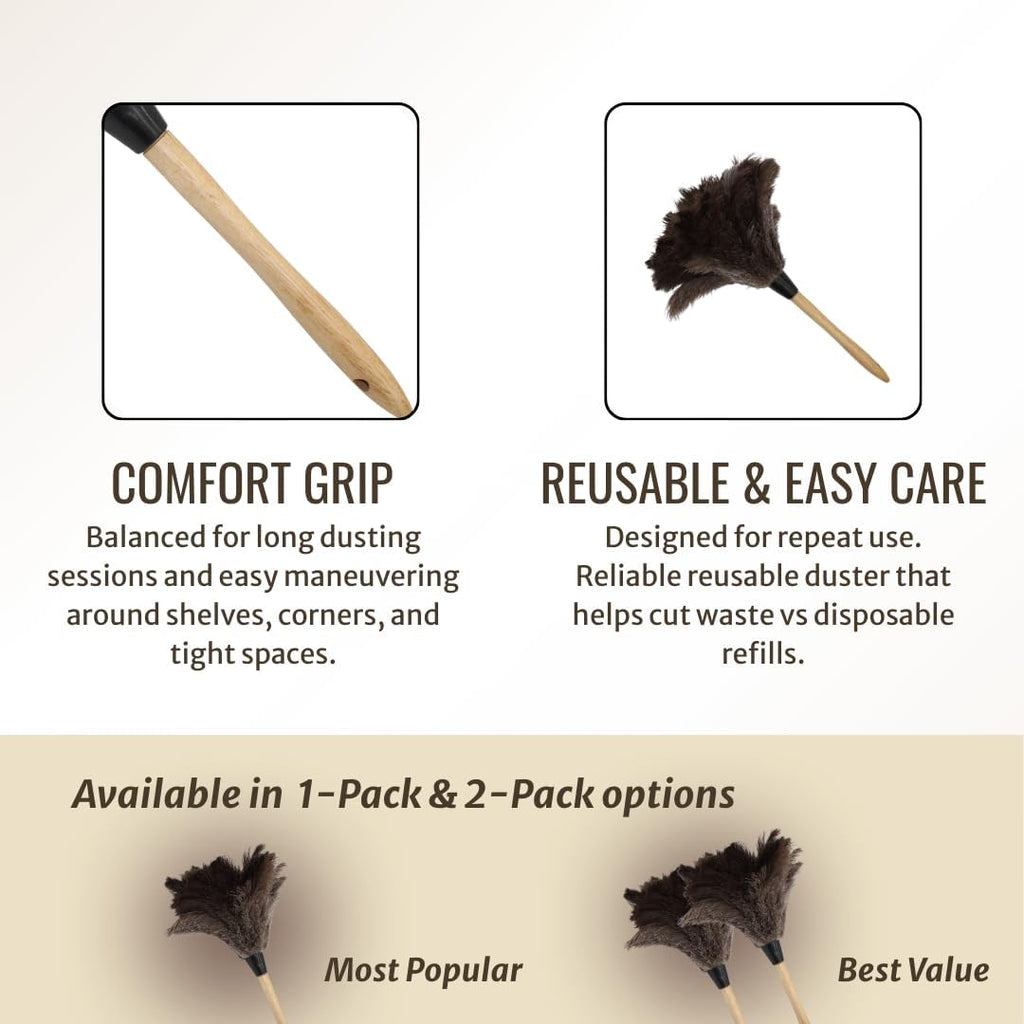 Ostrich Feather Duster with Wooden Handle 14" – Natural Reusable Feather Duster for Cleaning, Furniture & Shelves, Blinds, Ceiling Fan, Dusting Tool for Home, Office, Delicate Surfaces - 1 Pack
