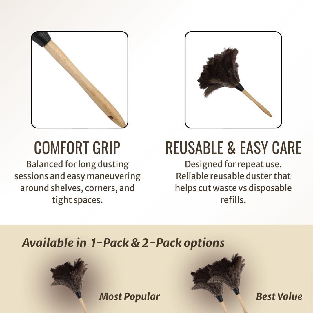 Ostrich Feather Duster with Wooden Handle 14" – Natural Reusable Feather Duster for Cleaning, Furniture & Shelves, Blinds, Ceiling Fan, Dusting Tool for Home, Office, Delicate Surfaces - 1 Pack