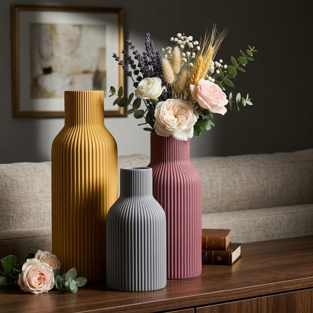 Colorful Ceramic Vases Set of 3, Matte Vertical Ribbed, Minimalist for Pampas Grass &Fresh Flowers, Centerpiece for Living Room,Shelf,Wedding (Mustard Yellow, Dusty Gray, Burgundy)