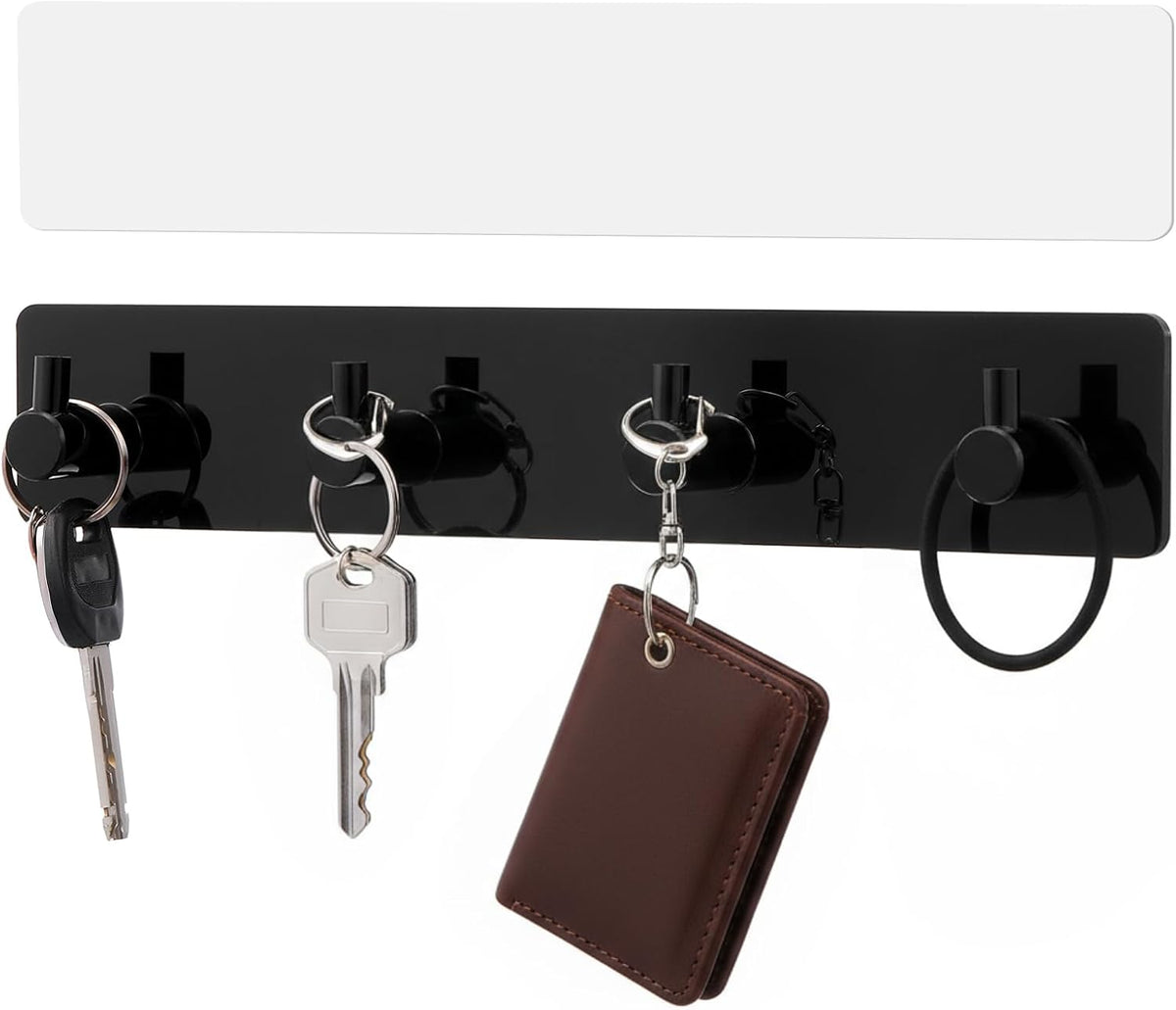1 Pcs Adhesive Key Holder for Wall Acrylic with 4 Hooks, Black