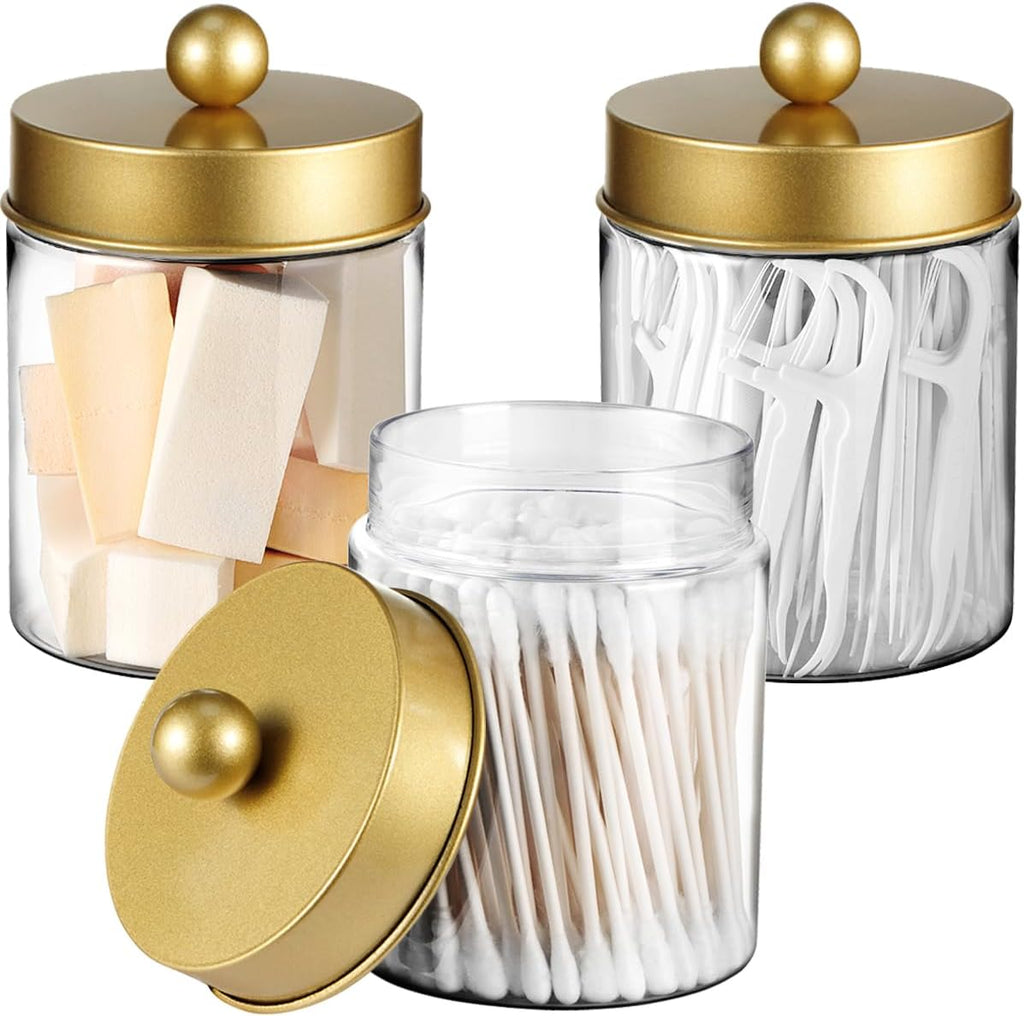 3PC Farmhouse Decor Qtip Holder Apothecary Jars (Gold, Plastic)