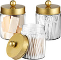 3PC Farmhouse Decor Qtip Holder Apothecary Jars (Gold, Plastic)