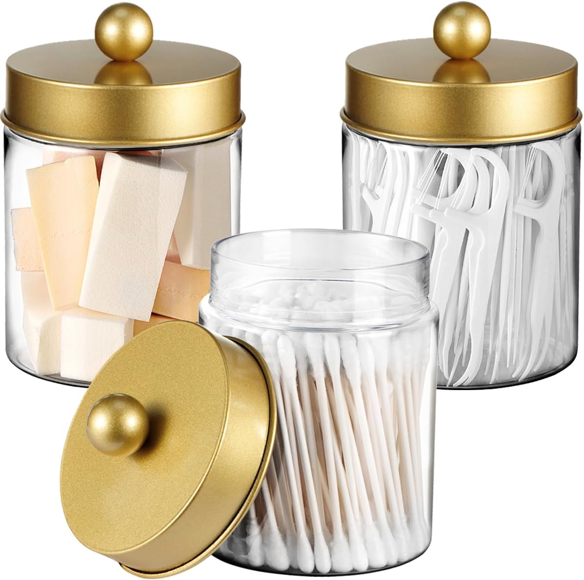 3PC Farmhouse Decor Qtip Holder Apothecary Jars (Gold, Plastic)