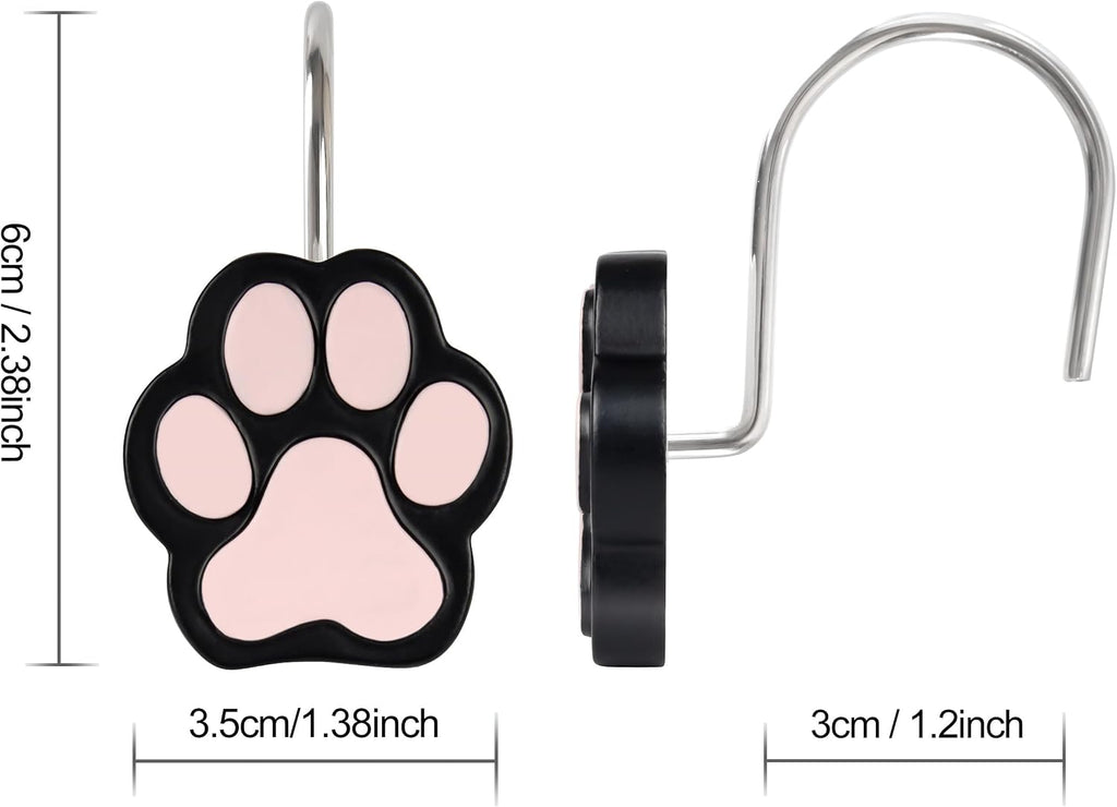Sunlit Cute Paw Print Decorative Shower Curtain Hooks for Dog Cat Bear, Resin, Lovely Shower Curtain Rings for Kids, Bathroom Decoration Curtain Hangers, 12 Pack, Black & Pink
