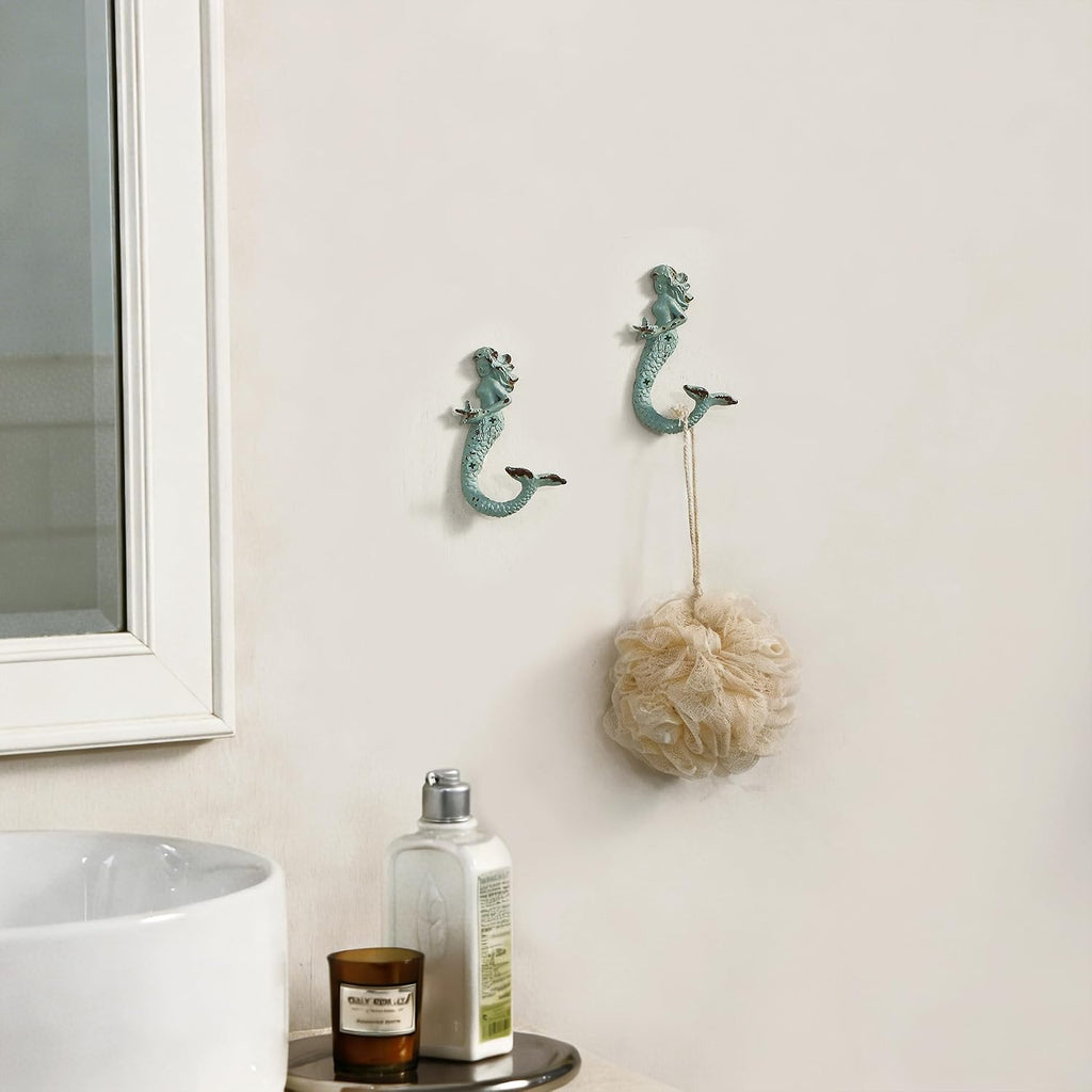 SOFFEE DESIGN 2PCS Green Mermaid Side Profile Hooks, Beach Themed Towel Hangers for Bathroom Room Decor