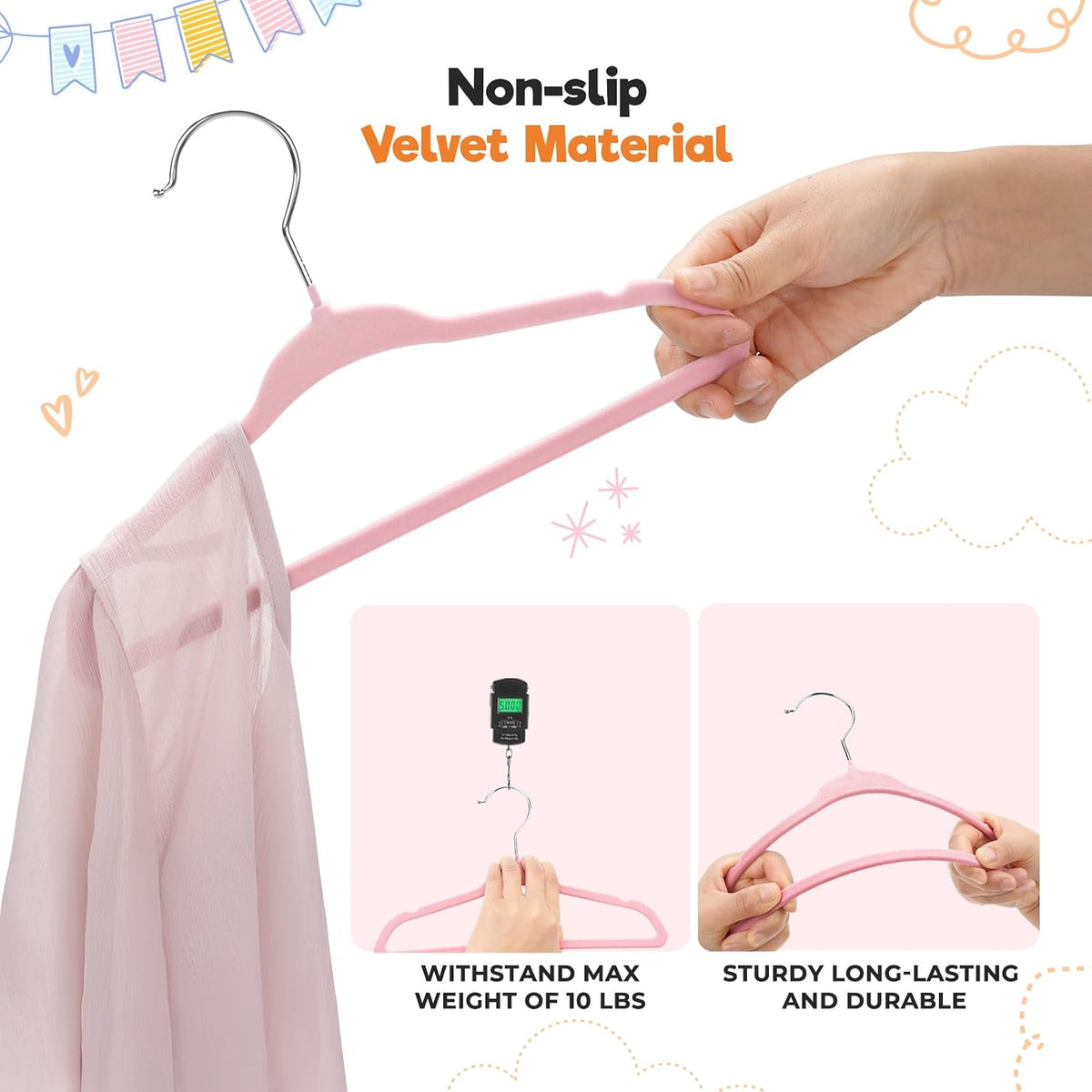Babyrish Velvet Baby Hangers with 10x Clips and 8X Dividers (30 Pack) | 11” Ultra-Slim Baby Clothes Hangers | Non-Slip Felt | Space-Saving Nursery & Infant Closet Organizer | Pink