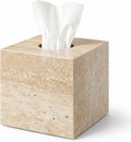 Natural Travertine Marble Tissue Box Holder Cover, Square Cube Tissue Box Holder with Open Bottom for Bathroom Vanity Tops, Bedroom Dressers, Kitchen Countertop, Travertine Beige(NS022)