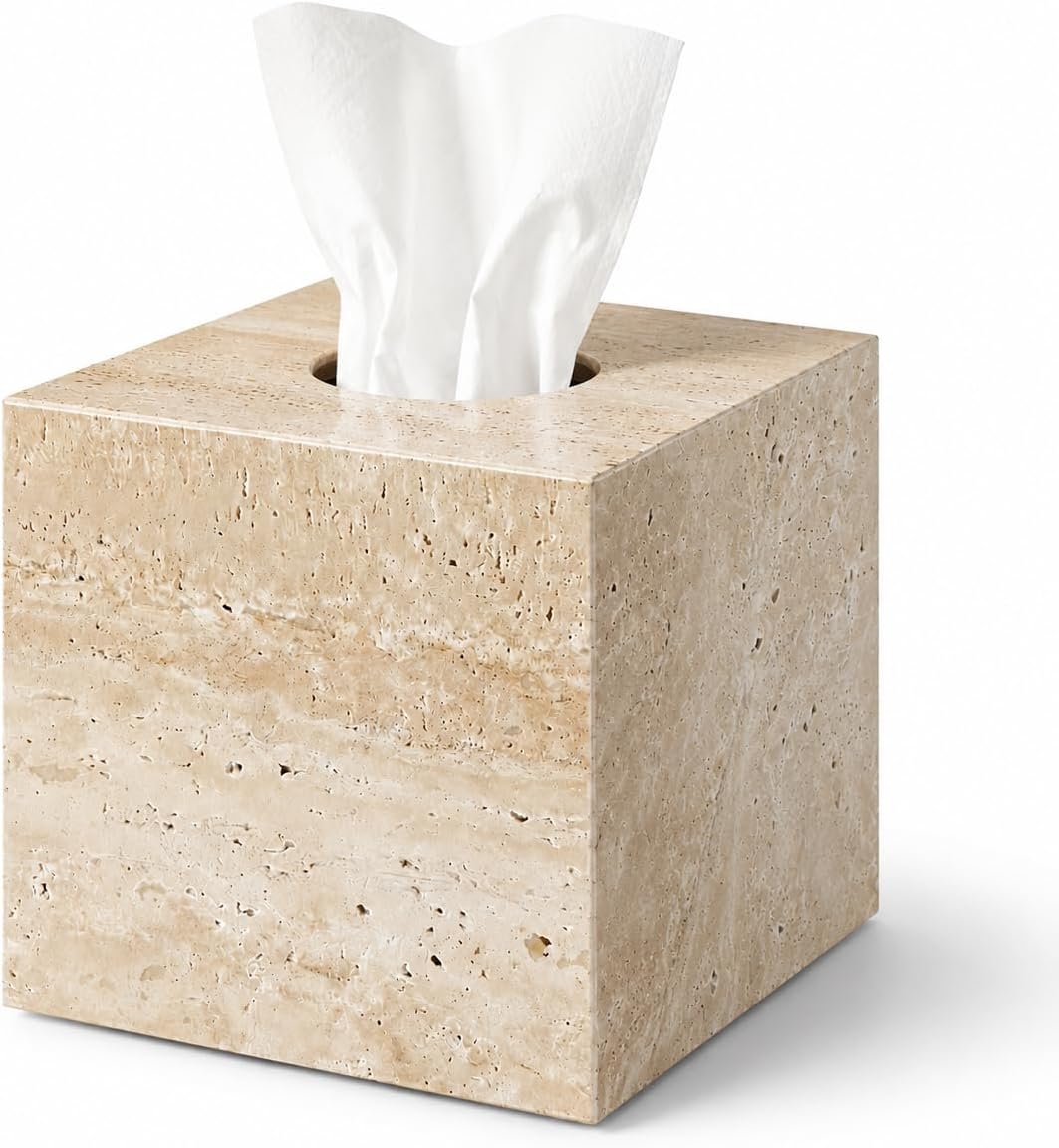 Natural Travertine Marble Tissue Box Holder Cover, Square Cube Tissue Box Holder with Open Bottom for Bathroom Vanity Tops, Bedroom Dressers, Kitchen Countertop, Travertine Beige(NS022)