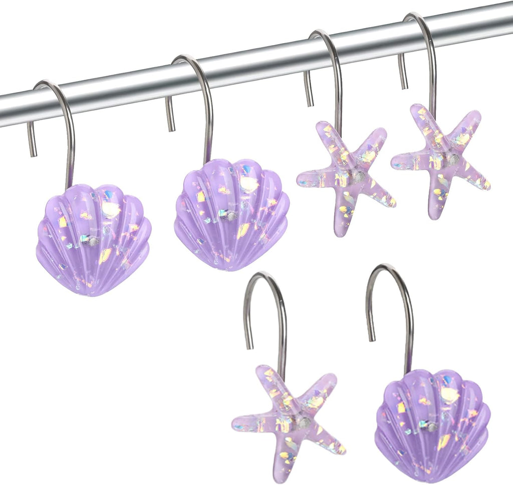 Seashell Shower Curtain Hooks, 12PCS Stainless Steel Anti Rust Starfish and Seashell Decorative Shower Hooks Ocean Theme Shower Curtain Hooks for Home Bathroom (Purple Seashell)