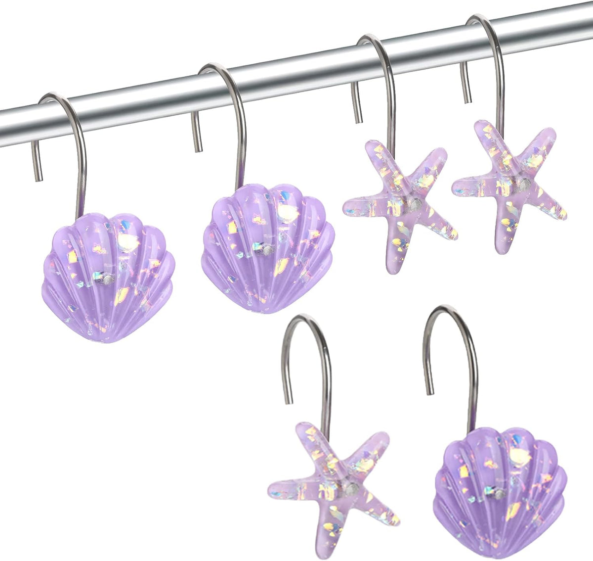 Seashell Shower Curtain Hooks, 12PCS Stainless Steel Anti Rust Starfish and Seashell Decorative Shower Hooks Ocean Theme Shower Curtain Hooks for Home Bathroom (Purple Seashell)