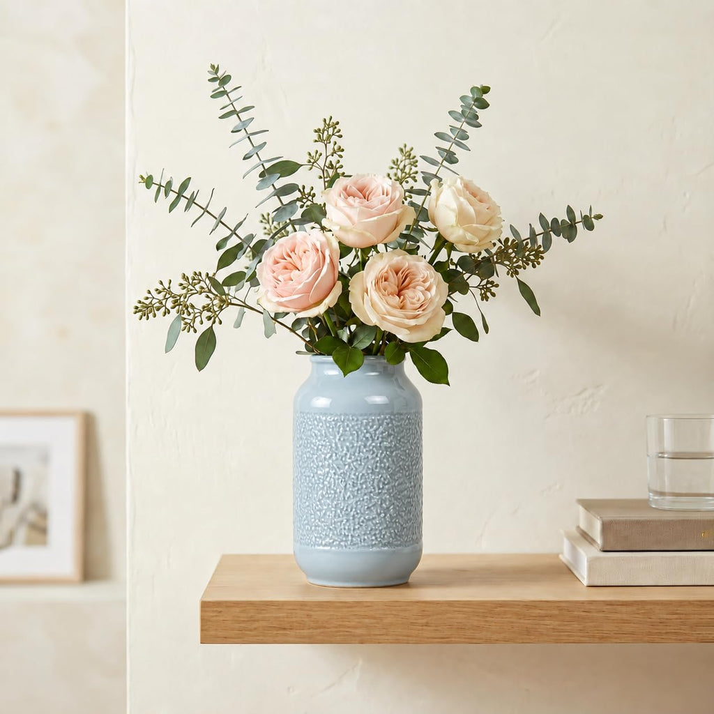 Blue Ceramic Vase for Home Decor - 9 Inch Textured Flower Vase for Table Centerpiece - Modern Decorative Pottery Vases for Flowers, Living Room, Shelf, Mantle Decor