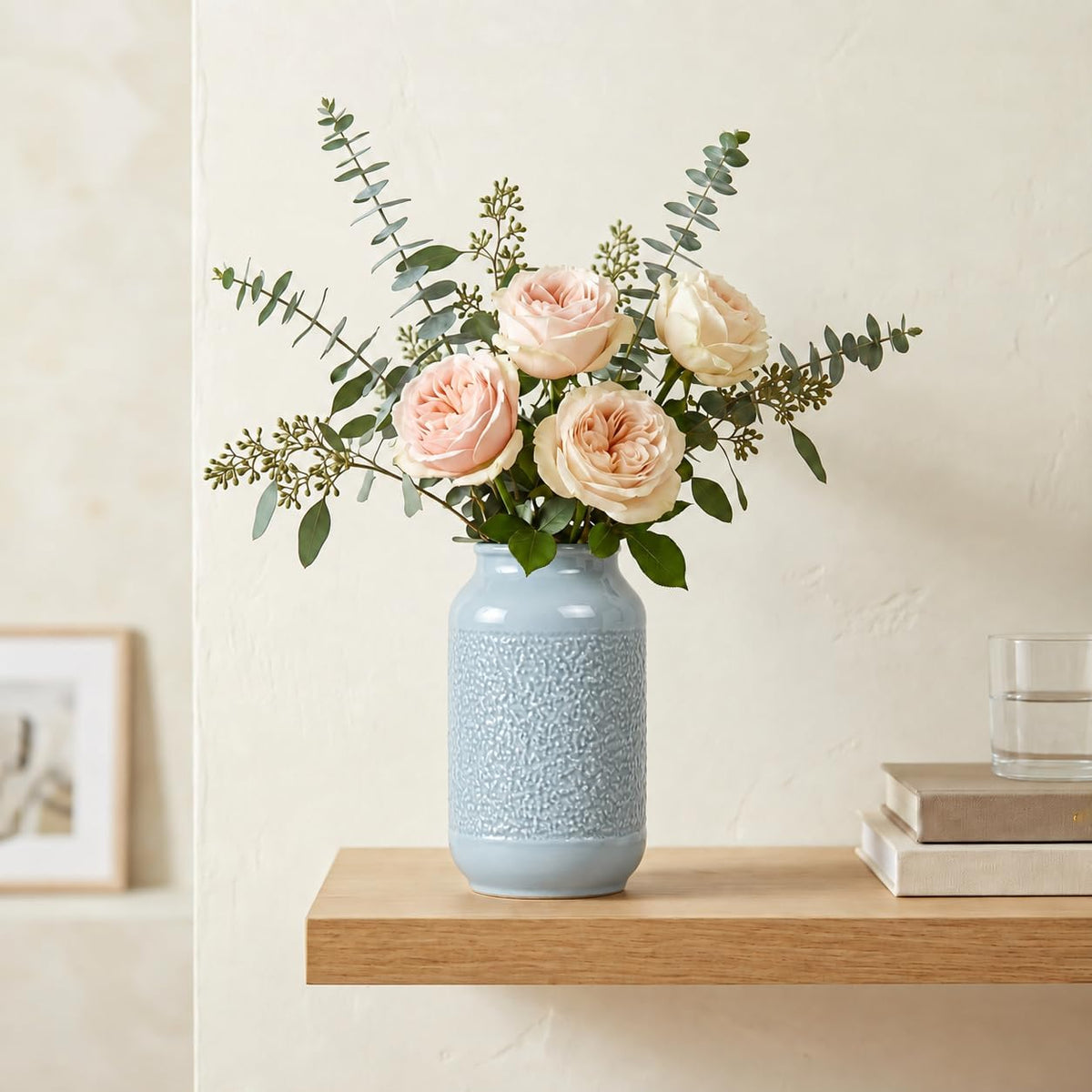 Blue Ceramic Vase for Home Decor - 9 Inch Textured Flower Vase for Table Centerpiece - Modern Decorative Pottery Vases for Flowers, Living Room, Shelf, Mantle Decor
