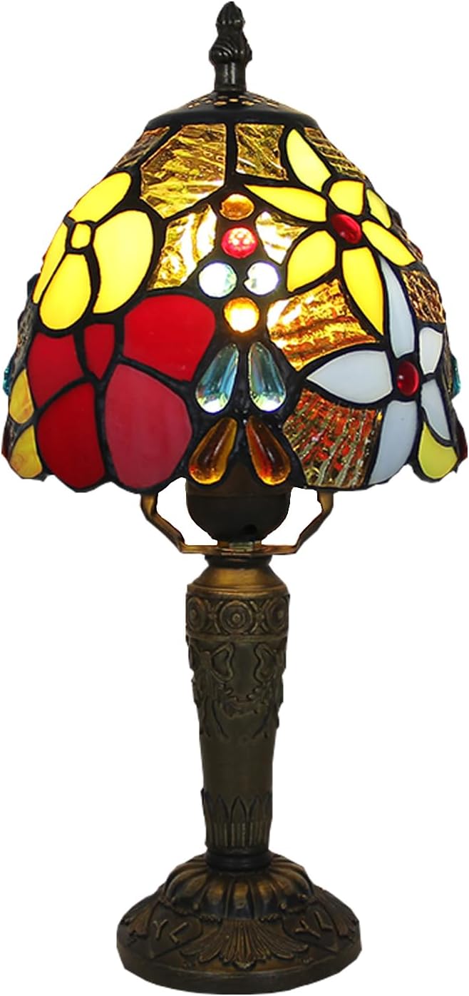 Tiffany Style Small Table Lamp,Rose Flower Stained Glass 3 Color Temperature Antique Table Lamps,Bedside Nightstand Lamp for Bedroom,Living Room,Home Office+LED Bulb,6X6X12.5Inch
