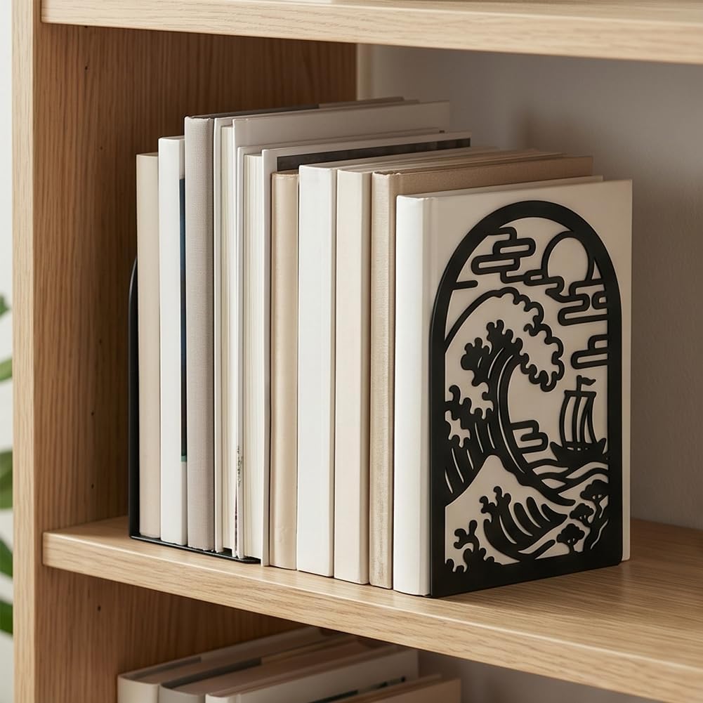 1 Pairs Ukiyo-e Style Landscape Black Metal Bookends for Shelves