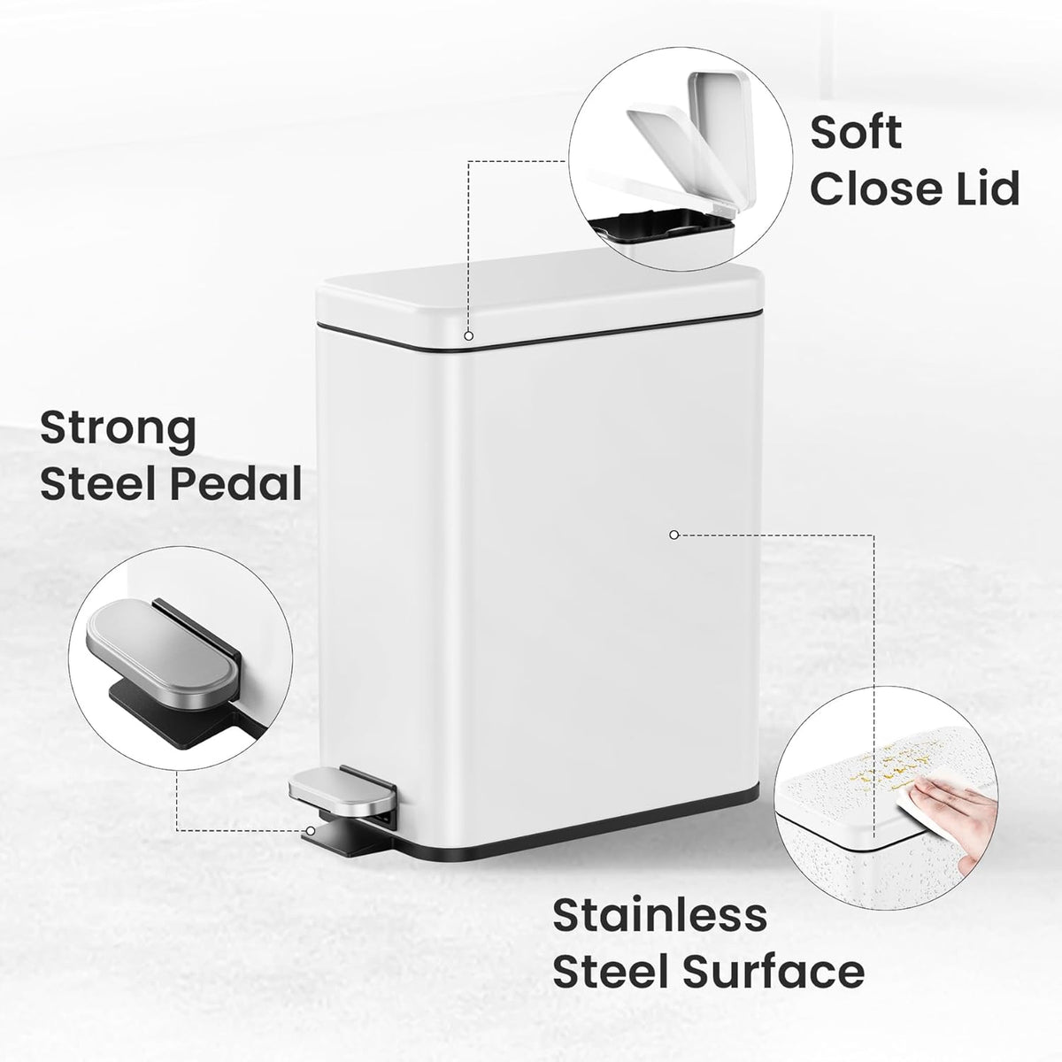 Cesun 2.6 Gallons Small Bathroom Trash Can with Lid Soft Close, White