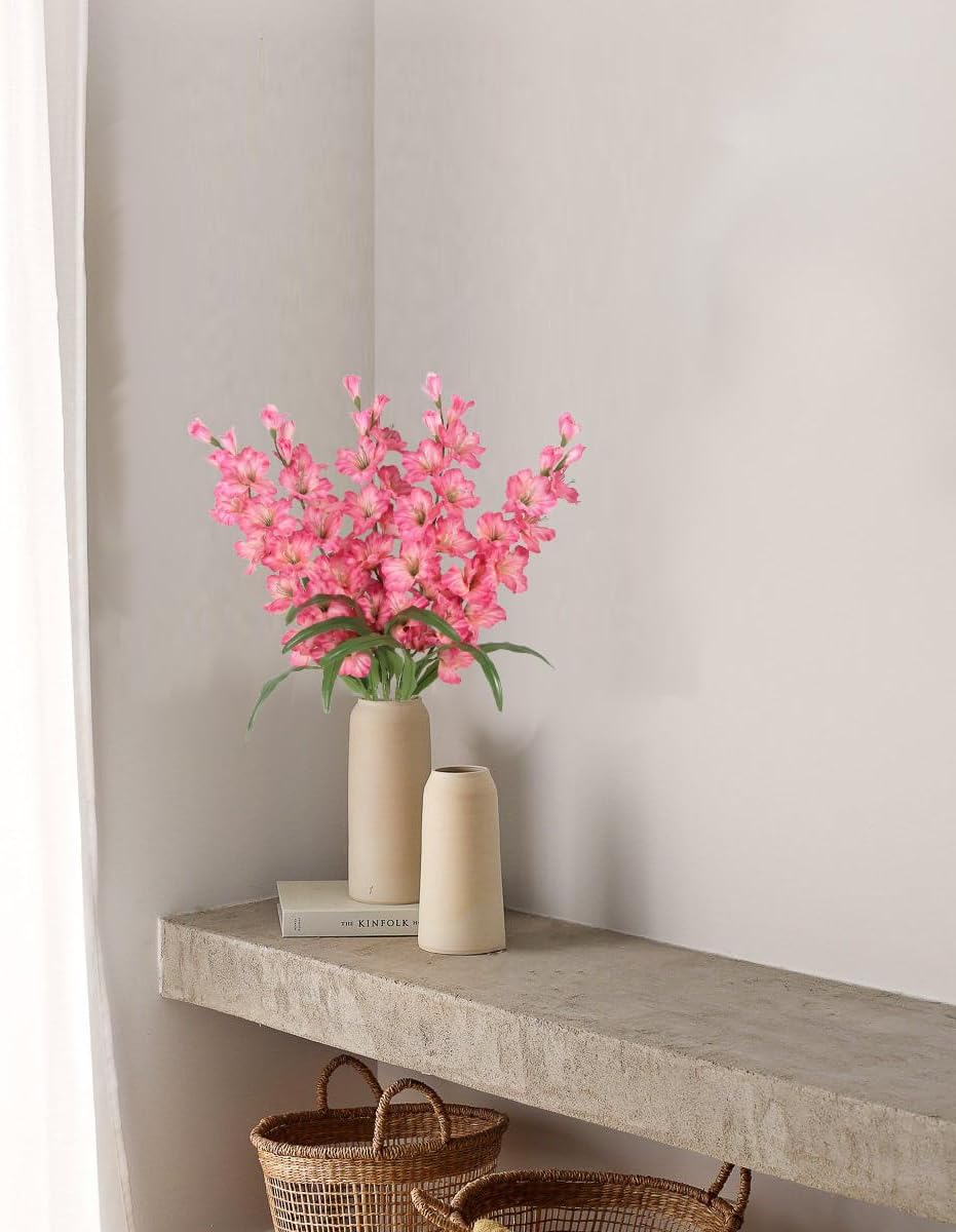 IPOPU Fake Flowers Pink Gladiolus Artificial Flowers 5PCS Silk Gladiolus with Long Stem 33" Dark Pink Artificial Flowers for Wedding Home Party Table Floral Arrangement (Dark Pink)