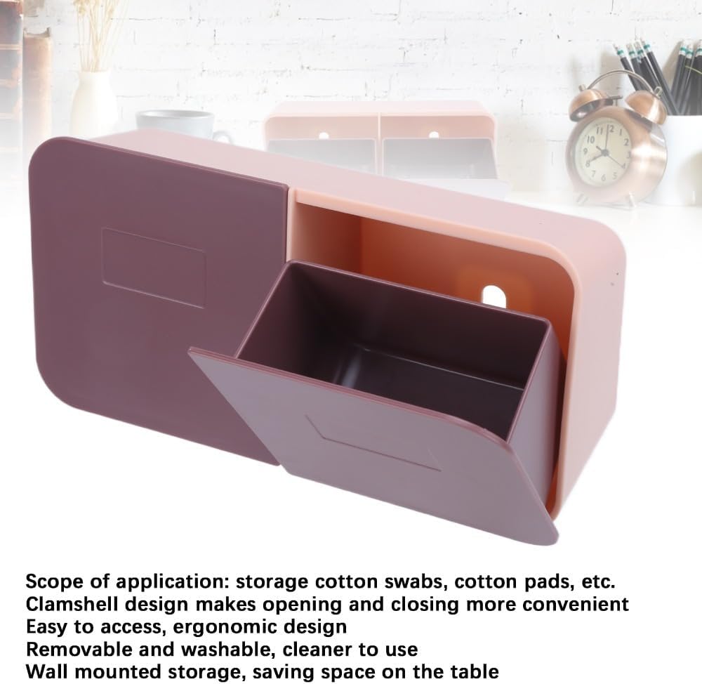 Makeup Cotton Swabs Organizer Wall Mounted with Flip Cover – Removable Washable Cotton Pad Holder for Bathroom, HIPS Material(Pink Purple)