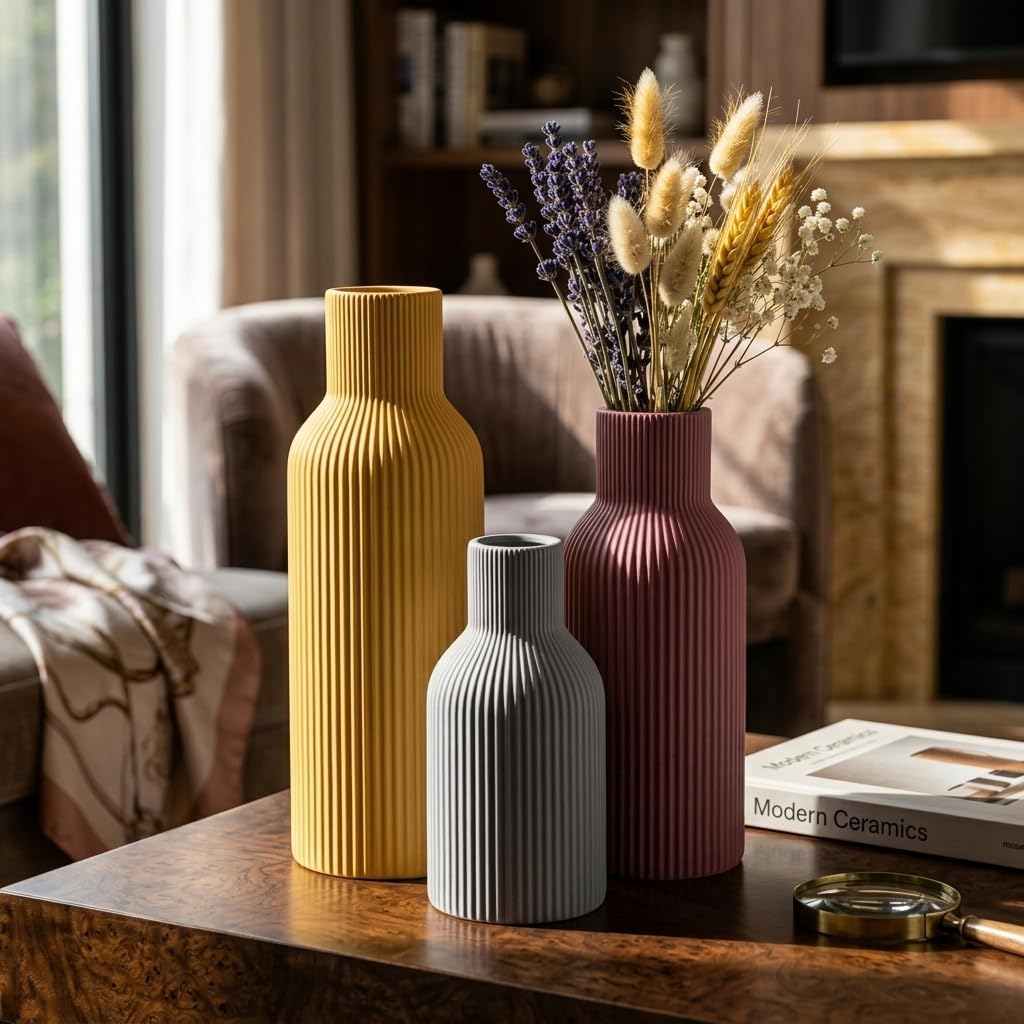 Colorful Ceramic Vases Set of 3, Matte Vertical Ribbed, Minimalist for Pampas Grass &Fresh Flowers, Centerpiece for Living Room,Shelf,Wedding (Mustard Yellow, Dusty Gray, Burgundy)