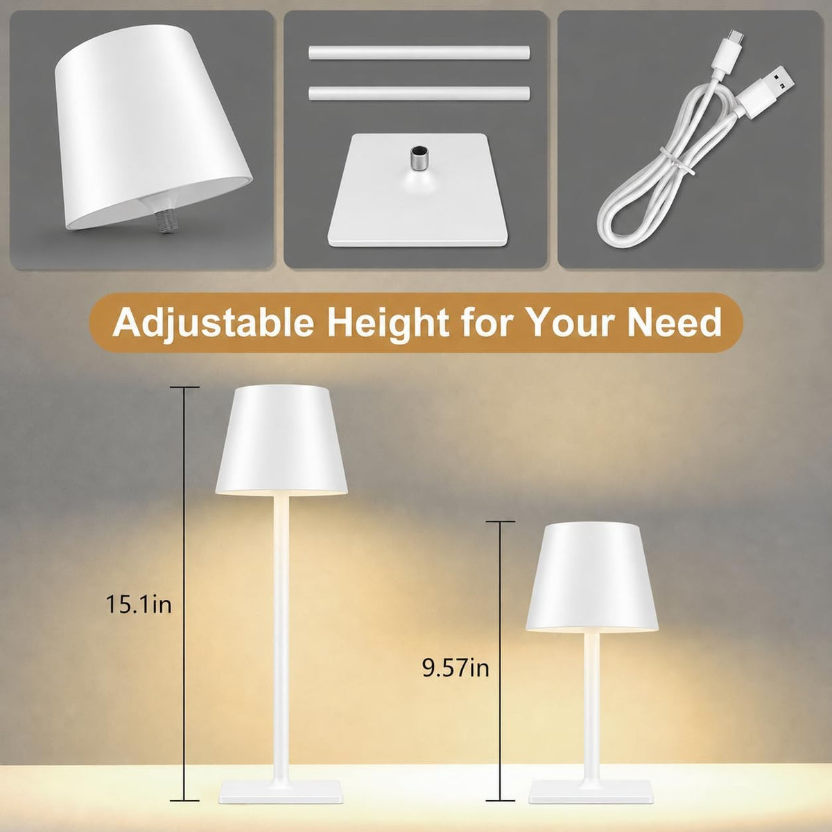 White Cordless Table Lamp Set of 2 for Patio Restaurant Home Dinner Kitchen