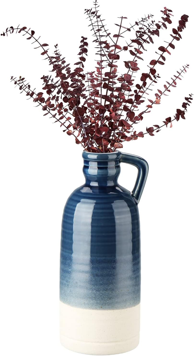 12.5" Blue Ceramic Vase for Home Decor Large Decorative Vase Boho Pottery Bud Vase for Flowers Rustic Farmhouse Tall Single Flower Vase for Centerpieces Pampas Grass