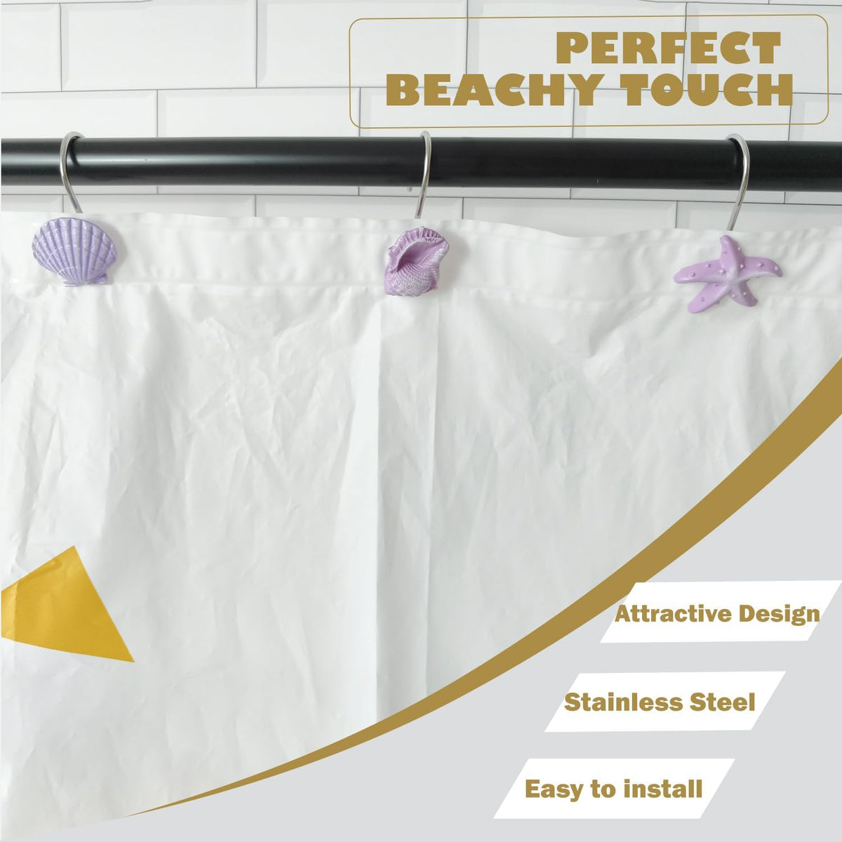 12pc Nautical Shower Curtain Hooks Rings Seashell Bathroom Decor