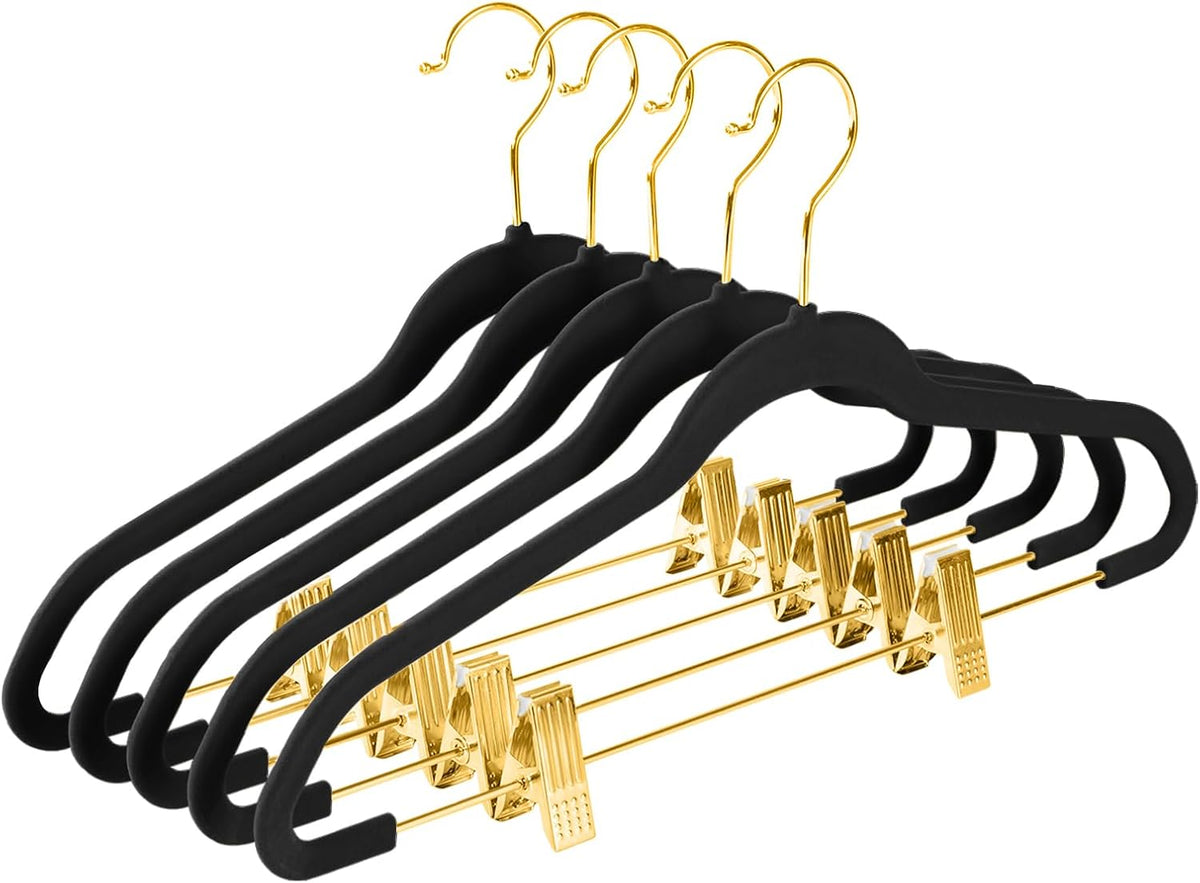 MIZGI Premium Velvet Pants Hangers with Adjustable Clips (Pack of 20) Slim Skirt Hangers- Non Slip Felt Outfit Dress Hangers Black - Gold Hooks,Space Saving Shirt Clothes Hangers