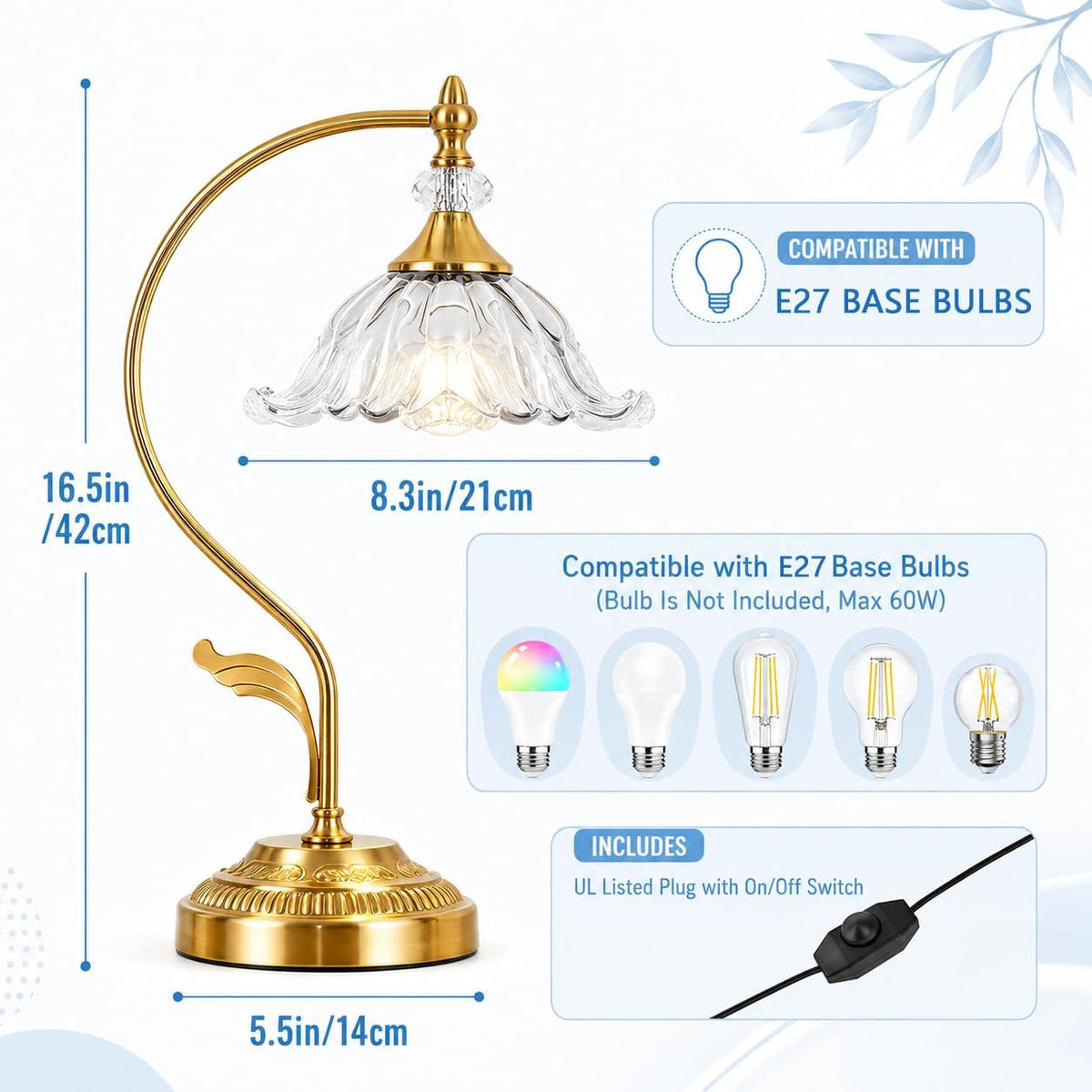 Vintage Floral Table Lamp, Plug in Mid-Century Modern Desk Lamp with Transparent Glass Shade, Gold Bedside Table Lamp Dimmable for Bedroom Living Room Home Office, E26 Base, UL Listed