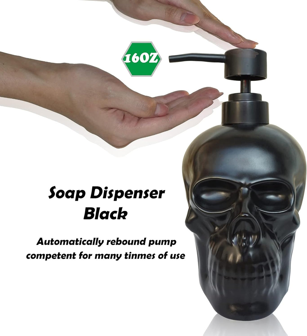 Ceramic Skull Soap Dispenser, Refillable Halloween Liquid Hand Soap Dispenser for Bathroom and Kitchen, Halloween Skull - Black