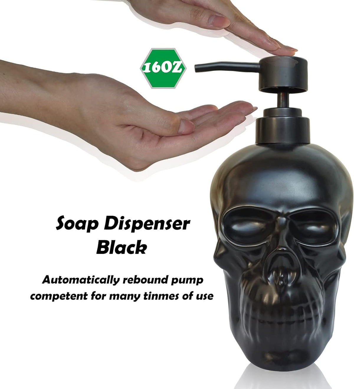 Ceramic Skull Soap Dispenser, Refillable Halloween Liquid Hand Soap Dispenser for Bathroom and Kitchen, Halloween Skull - Black