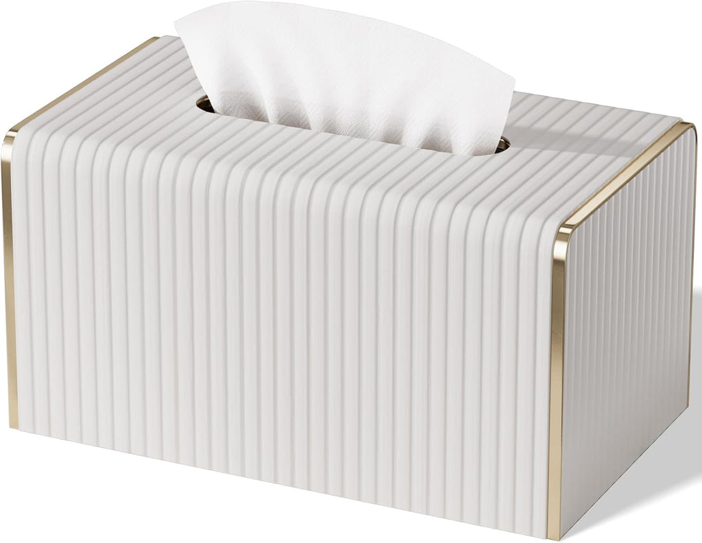 Extra Large Tissue Box Cover for Standard Size 180 to 230 Count Box of Tissues, PU Leather Rectangle Tissue Holder with Magnetic Closure， Gold-Tone Edging Decoration (Ivory)